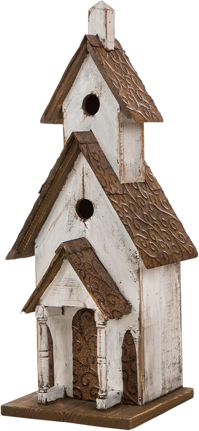 Glitzhome Rustic Hand Painted Wooden Church Birdhouse, Extra-Large 23.62" H Hanging Bluebird Houses for Outside