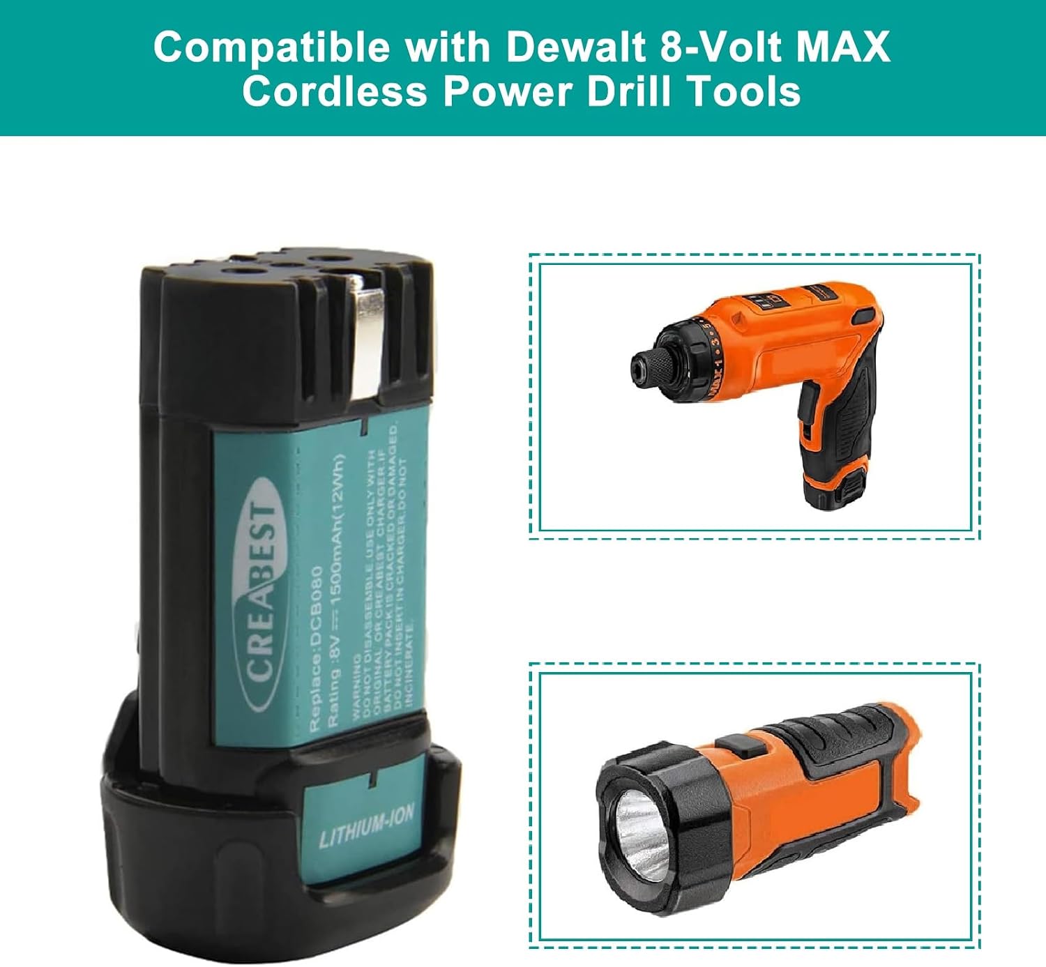 CREABEST 1500mAh 8V MAX Replacement Battery Fits DEWALT DCB080 DW4390 | Compatible with DCB080 DCF680N1 DW4390 DCF680N2 DCF680G2 DCF680N1 DW4390