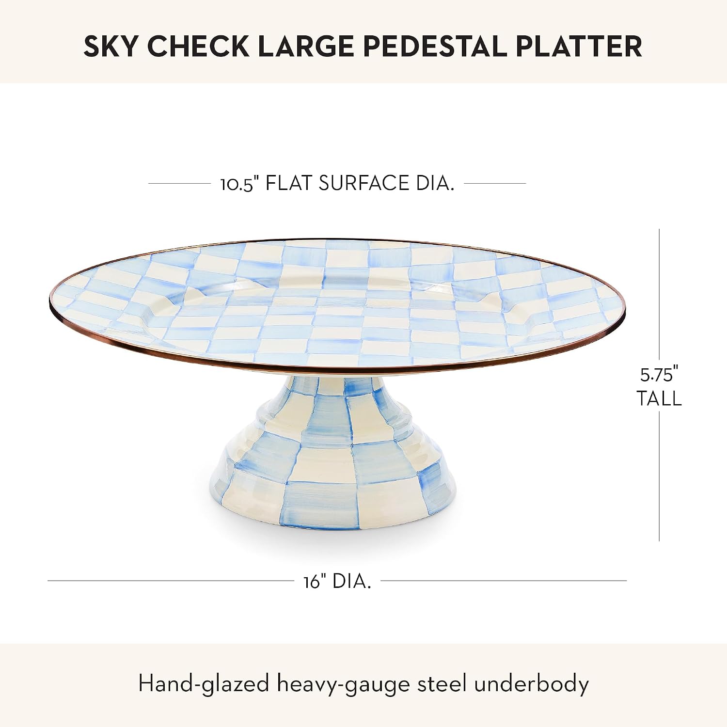 MACKENZIE-CHILDS Pedestal Platter, Mini, Black-and-White Courtly Check | Hand-painted design, made from enameled steel, stackable round cake stand for serving desserts, 8" dia. x 3" H