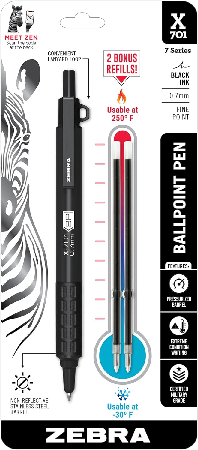Zebra Pen STEEL X-701 Tactical Ballpoint Pen, Black Ink, 0.7mm, 1-Pack
