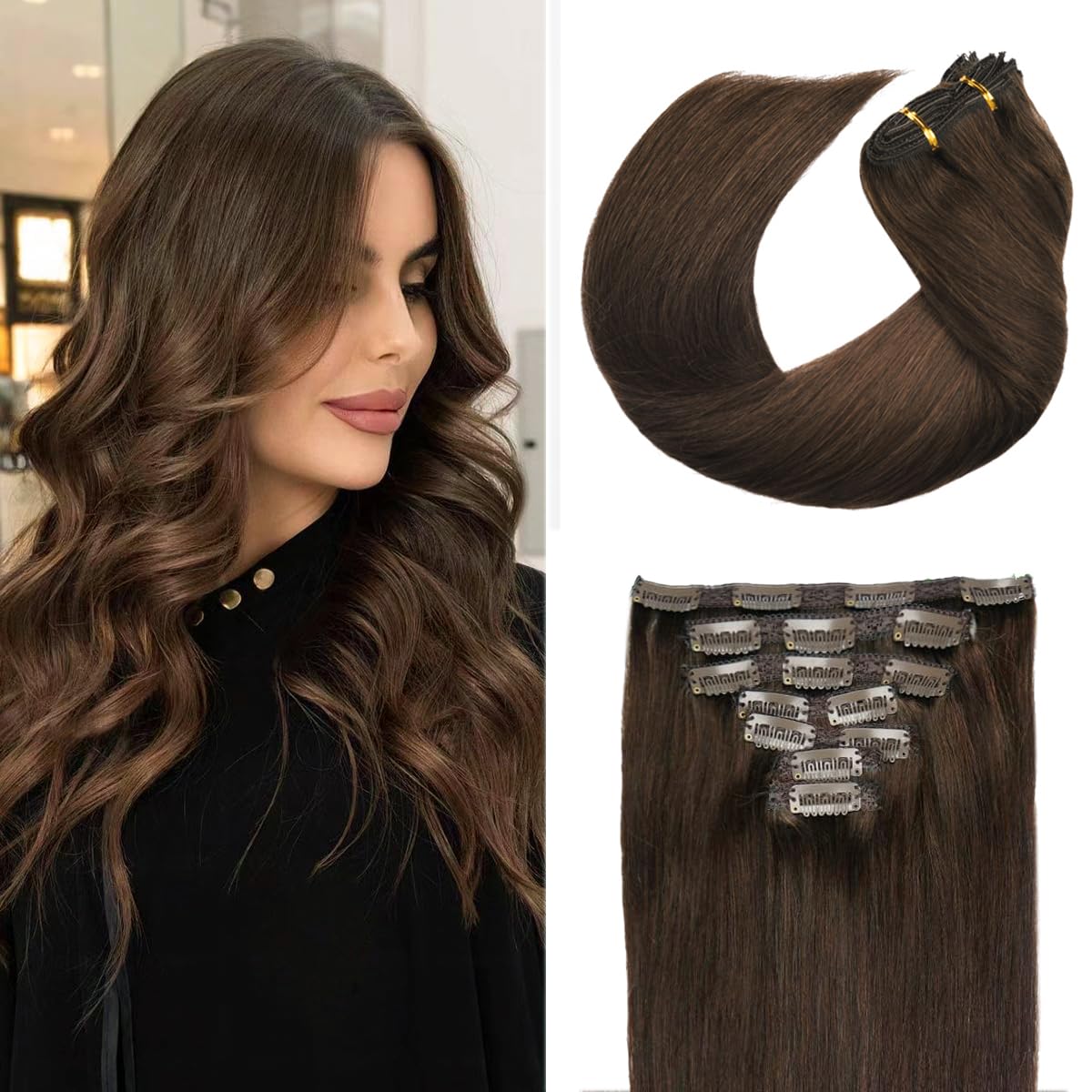 22" Clip in Human Hair Extensions Full Head 200g 10 Pieces 22 Clips Light Brown Double Weft Brazilian Real Remy Hair Extensions Thick Straight (22"