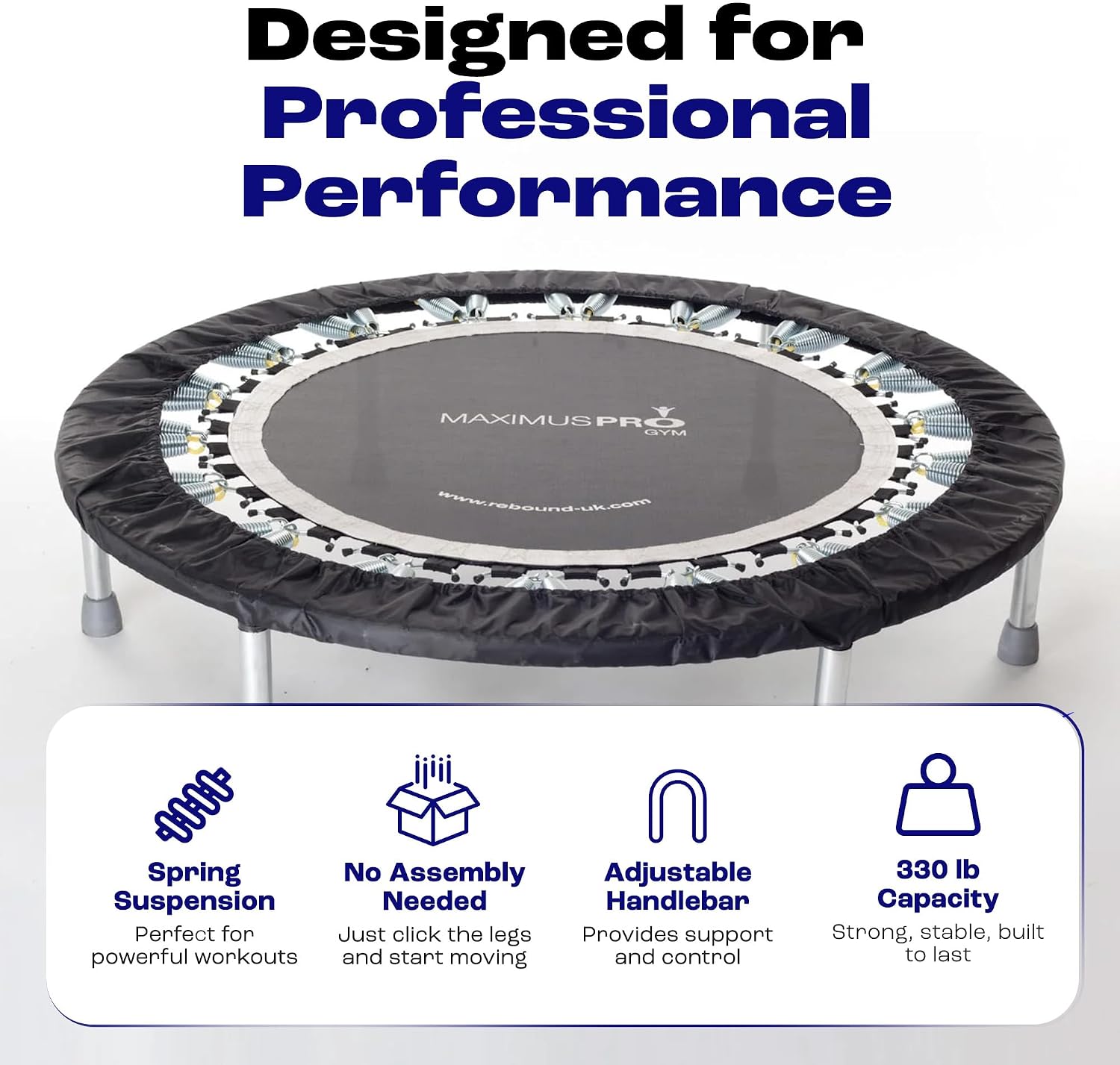 Maximus Pro Home Gym Rebounder Mini Trampoline 40'' + Handle Bar | Includes Workouts Online + DVD's | Adults Indoors | 150kg User Weight. Adult