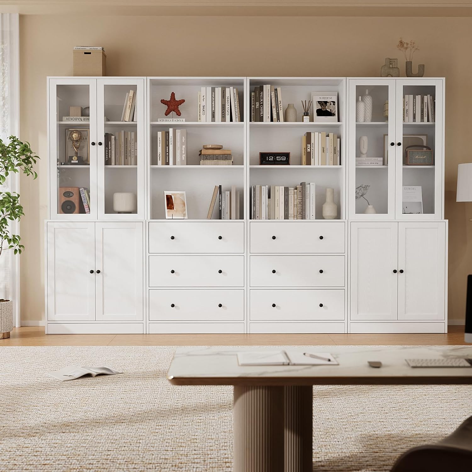 TUSY 71" H Bookcase with Storage | 6-Tier Modern Bookshelf with Drawers, Display Bookcase with Glass Doors, White Curio Cabinet for Home Office, Living Room