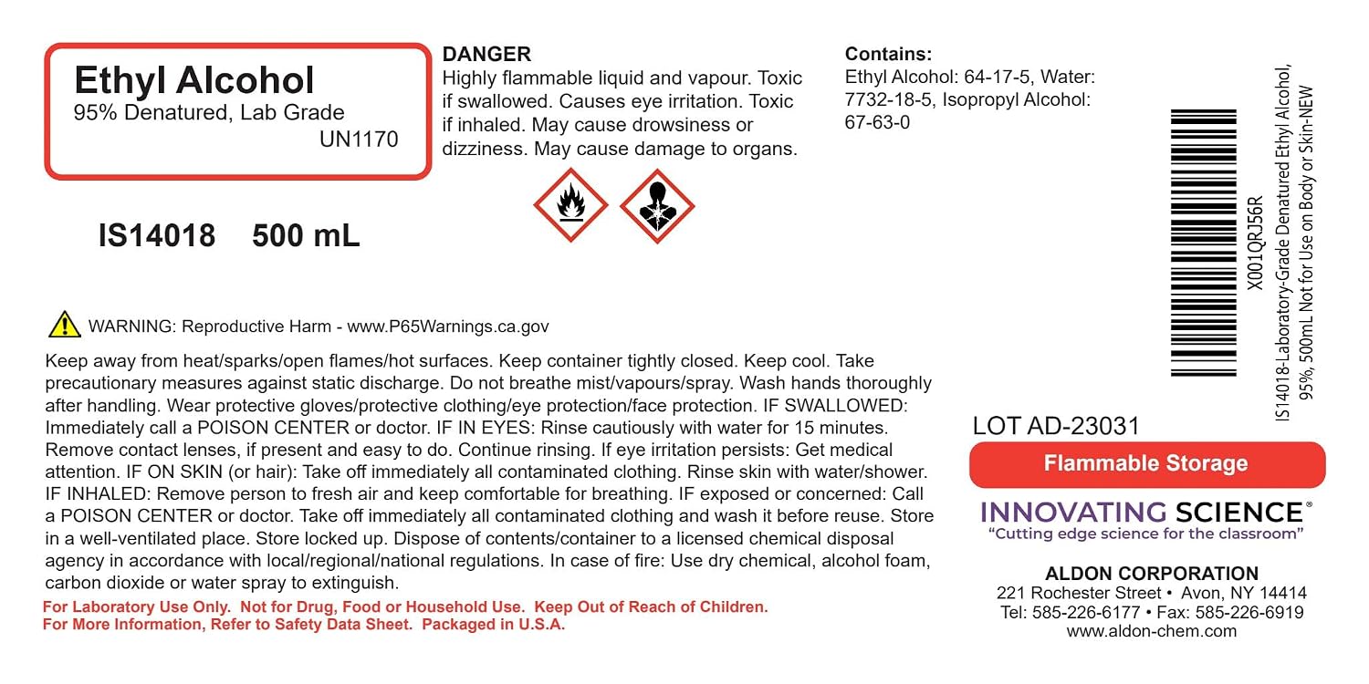 95% Ethyl Alcohol, 16oz - Denatured Ethanol Alcohol - Laboratory-Grade, Not for Topical Use - The Curated Chemical Collection
