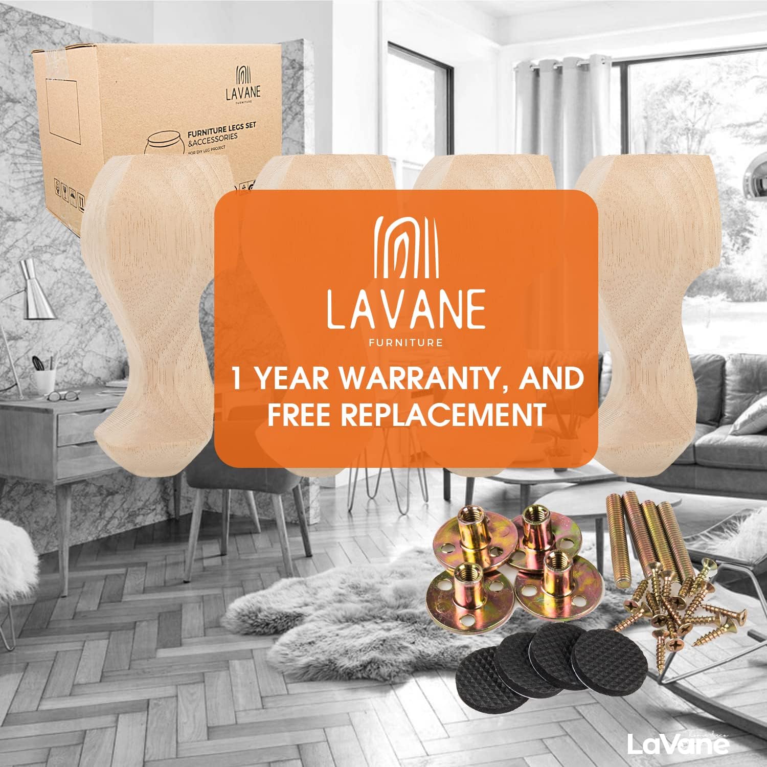 La Vane 6 inch / 15cm Wooden Furniture Legs, Set of 4 European Style Solid Wood Carving Furniture Replacement Feet Decoration for Sofa Cabinet Wardrobe Table Loveseat