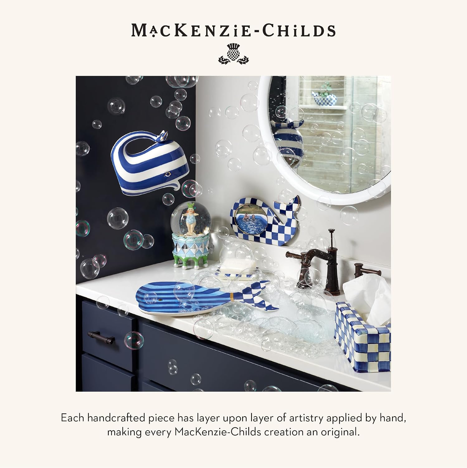 MACKENZIE-CHILDS Waste Bin, Black-and-White Courtly Check | Hand-painted design, made from enameled steel, decorative bedroom or bathroom trash can, 8" dia. x 9.5" H