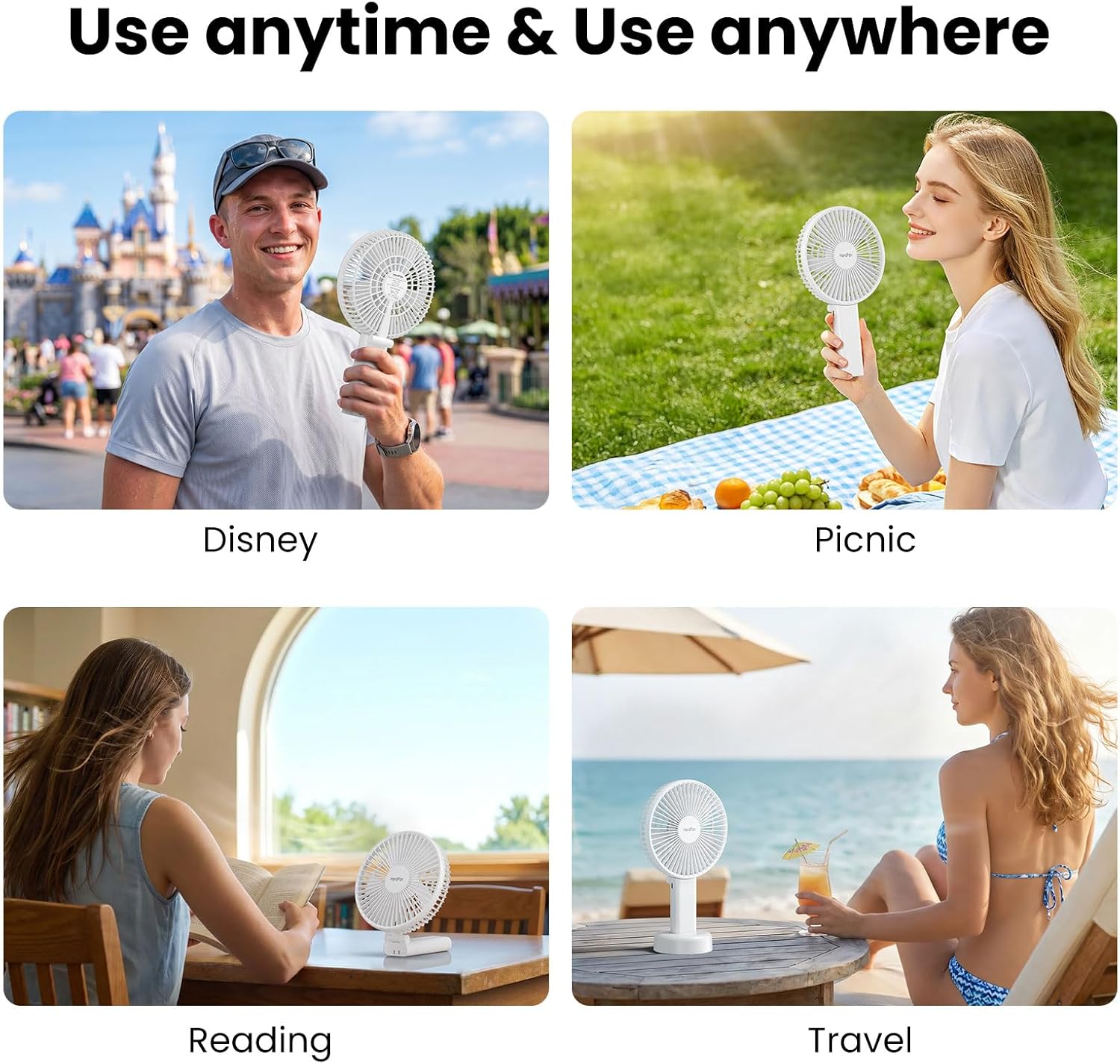 HandFan Quiet 6 Inch Handheld Fan [34H Max Cooling Time], 6 Speed Rechargeable Personal fan and Desktop with Base