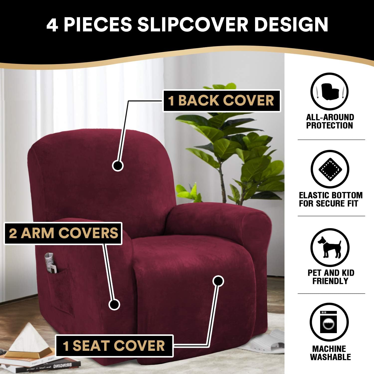 PrinceDeco Recliner Chair Cover Velvet Stretch Recliner Couch Covers 4-Pieces Style Recliner Chair Covers Recliner Cover for Reclining Chair