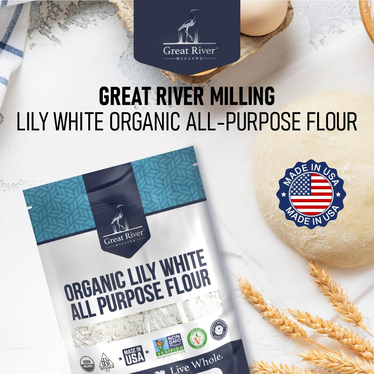 Great River Milling Organic Lily White All Purpose Flour, 25 lb | Organic Lily White All-Purpose Flour for cookies, cakes, muffins, biscuits, breads, pizza dough and pie crust; balanced