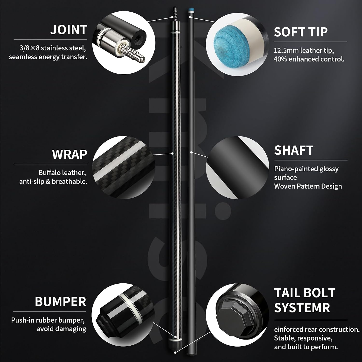 Kmise Carbon Fiber Pool Cue Stick 58", Billiard Cue Sticks 21-23oz, Low Deflection Pool Cue with 12.5mm Tip, Professional Billiard Carbon Fiber Pool Sticks for Adults