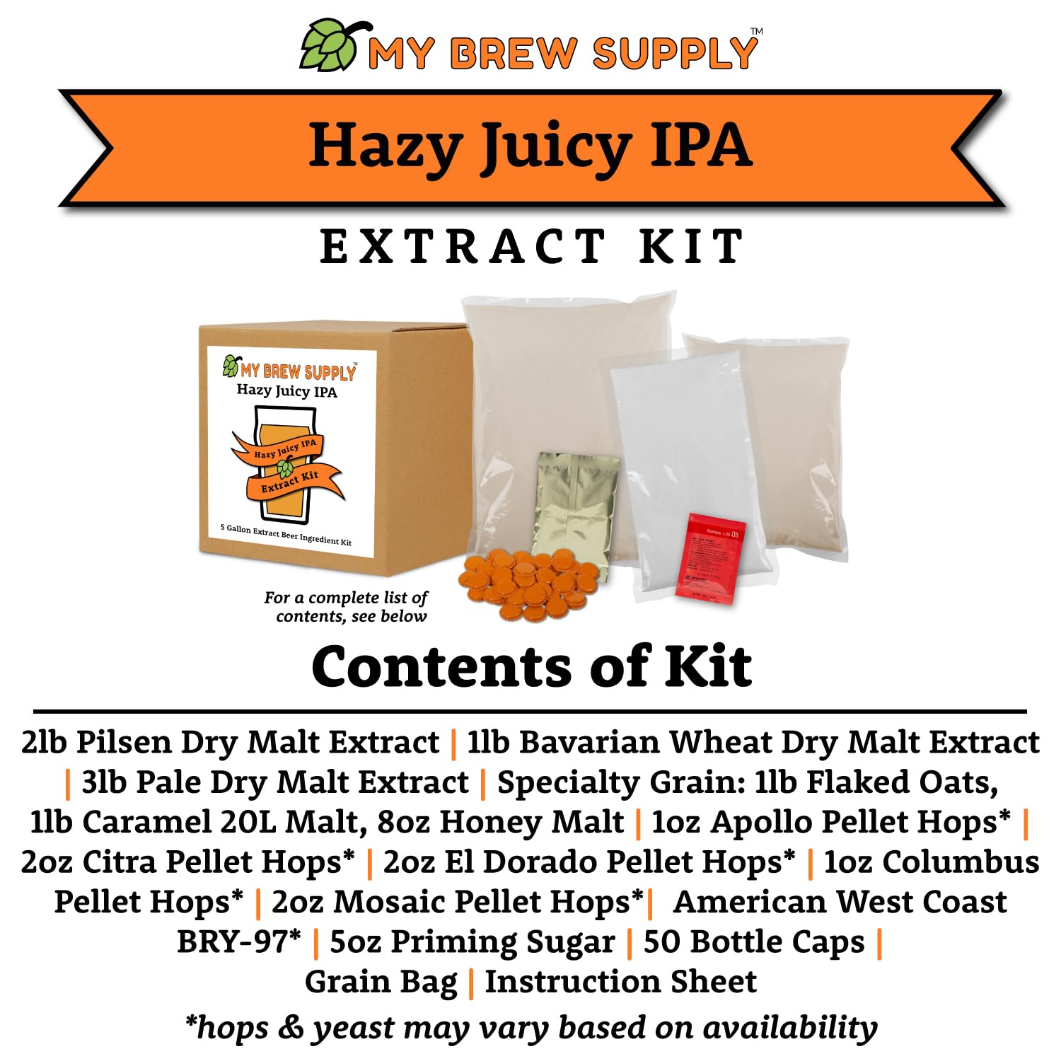My Brew Supply Orange Wheat Beer Extract Kit | Bavarian Wheat Dry Malt Extract | Golden Light Dry Malt Extract | Caramel Malt | Flaked Wheat Grains