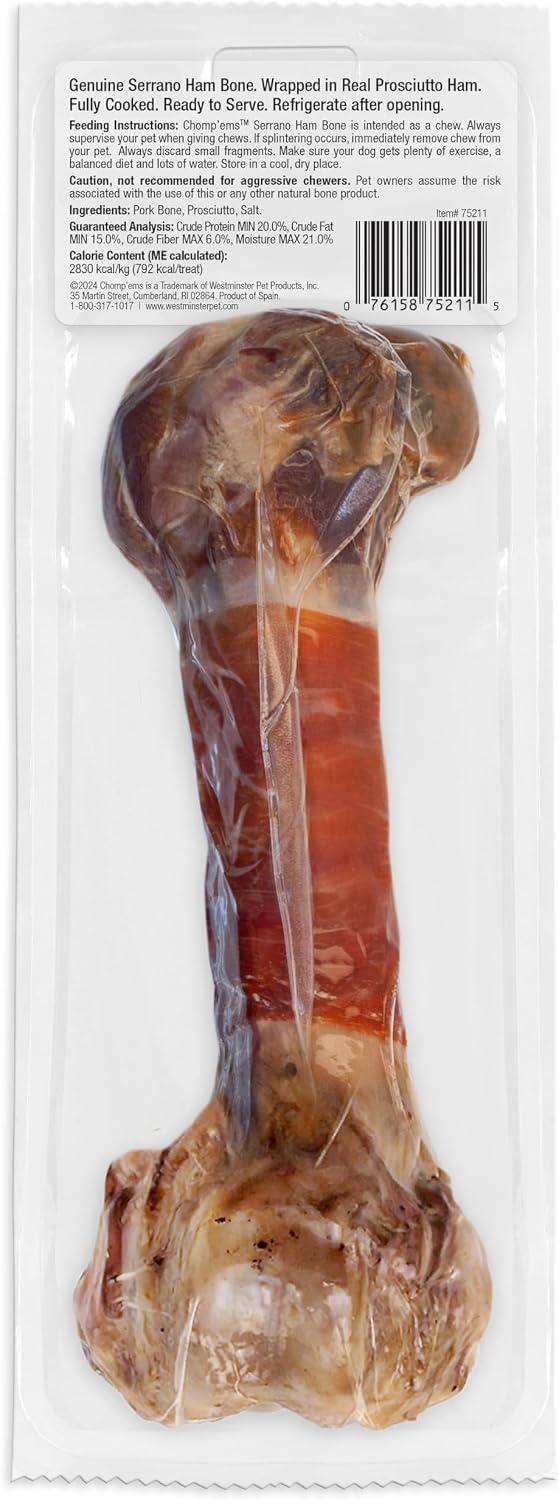 RUFFIN' IT CHOMP'EMS Serrano Ham Bone Wrapped in Real Prosciutto Ham, 1 Large Bone