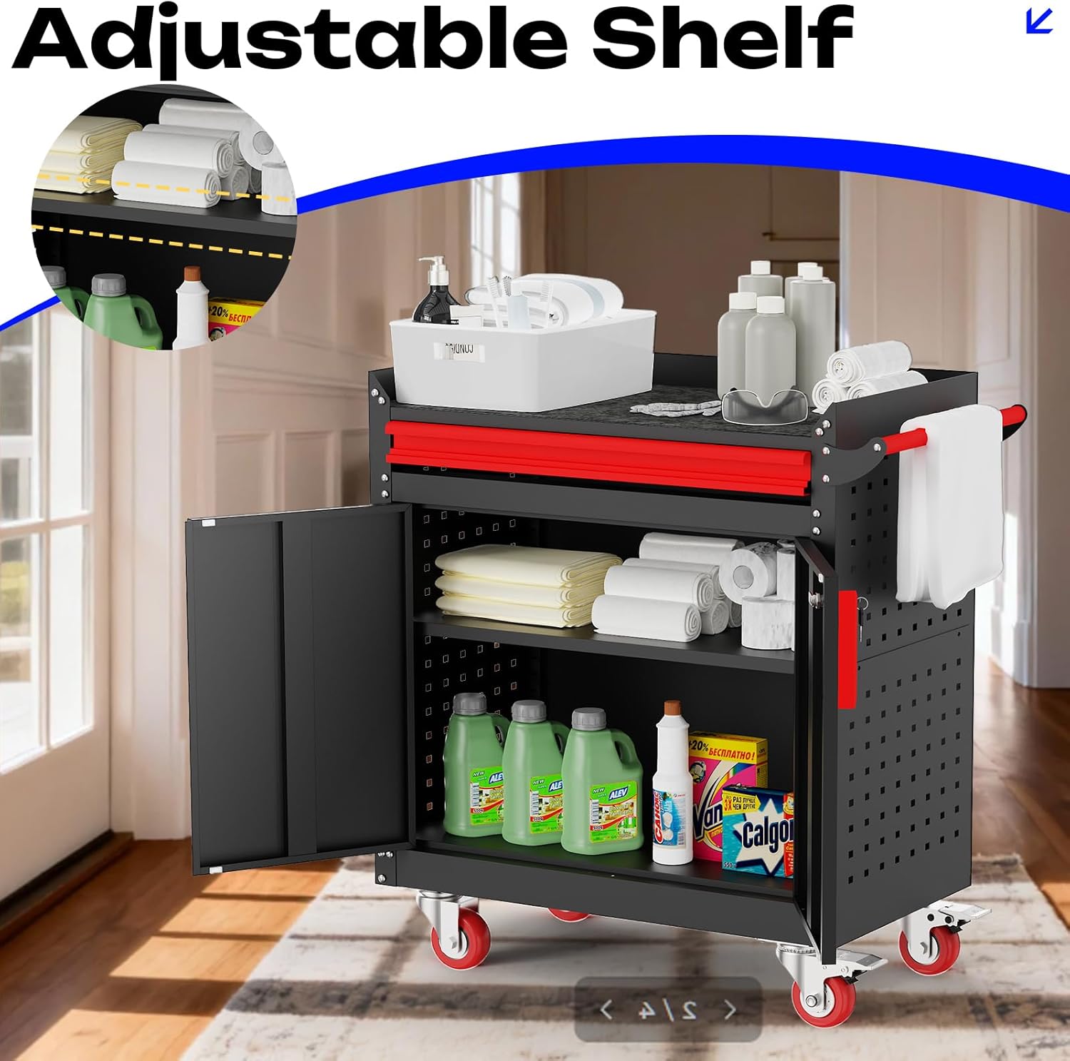 LMTC Heavy Duty Utility Cart, Metal Utility Service Cart 550 lbs Capacity, Rolling Tool Cart with Locking Casters, Adjustable Shelf for Warehouse