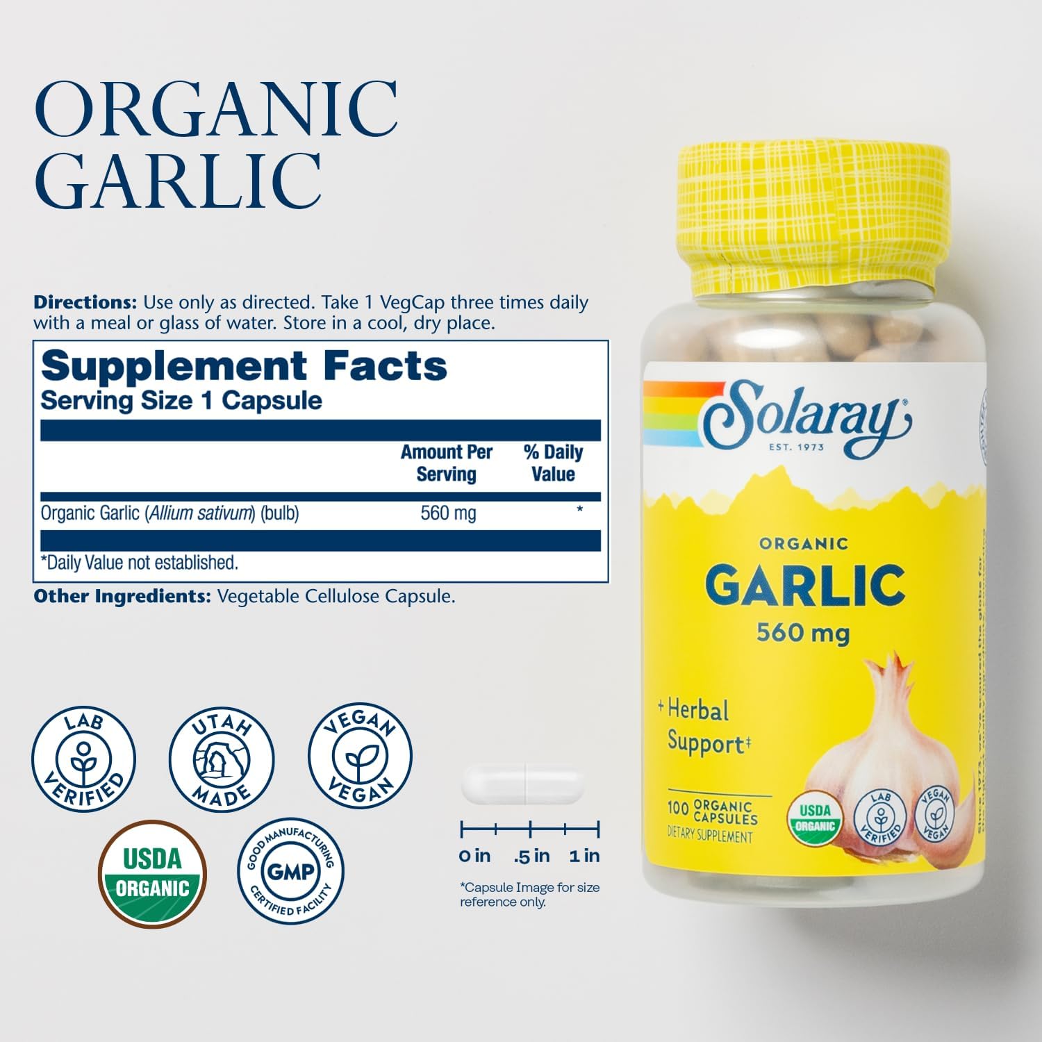 SOLARAY Organic Garlic 560 mg, 100 VegCaps | Heart & Cardiovascular Support - USDA Organic Garlic - 100 Servings - Vegan, Lab Verified