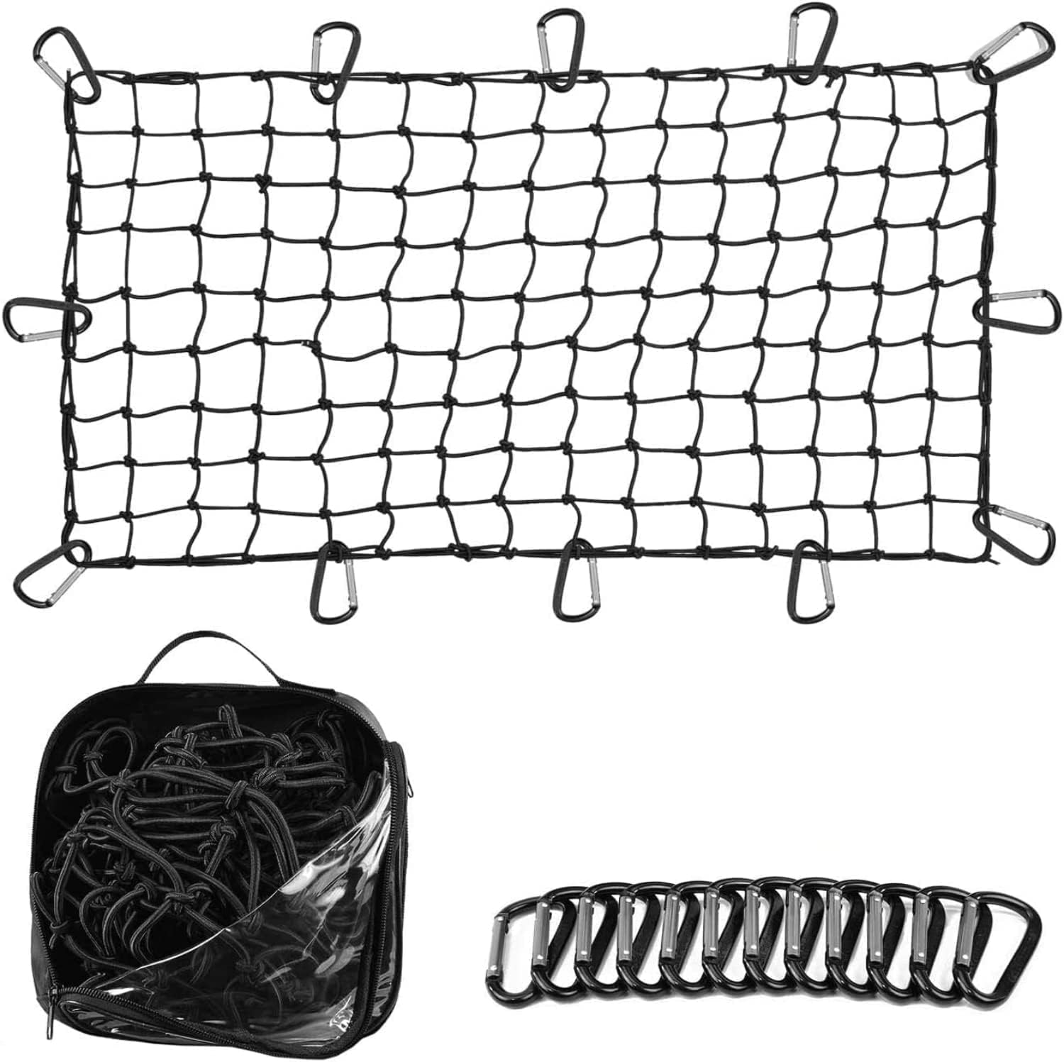 Cargo Net for Roof Rack - 22 x 38 Inch, Heavy-Duty, Mesh Square Bungee Netting with 12 Black Clips and Storage Bag - Holds Small and Large Loads
