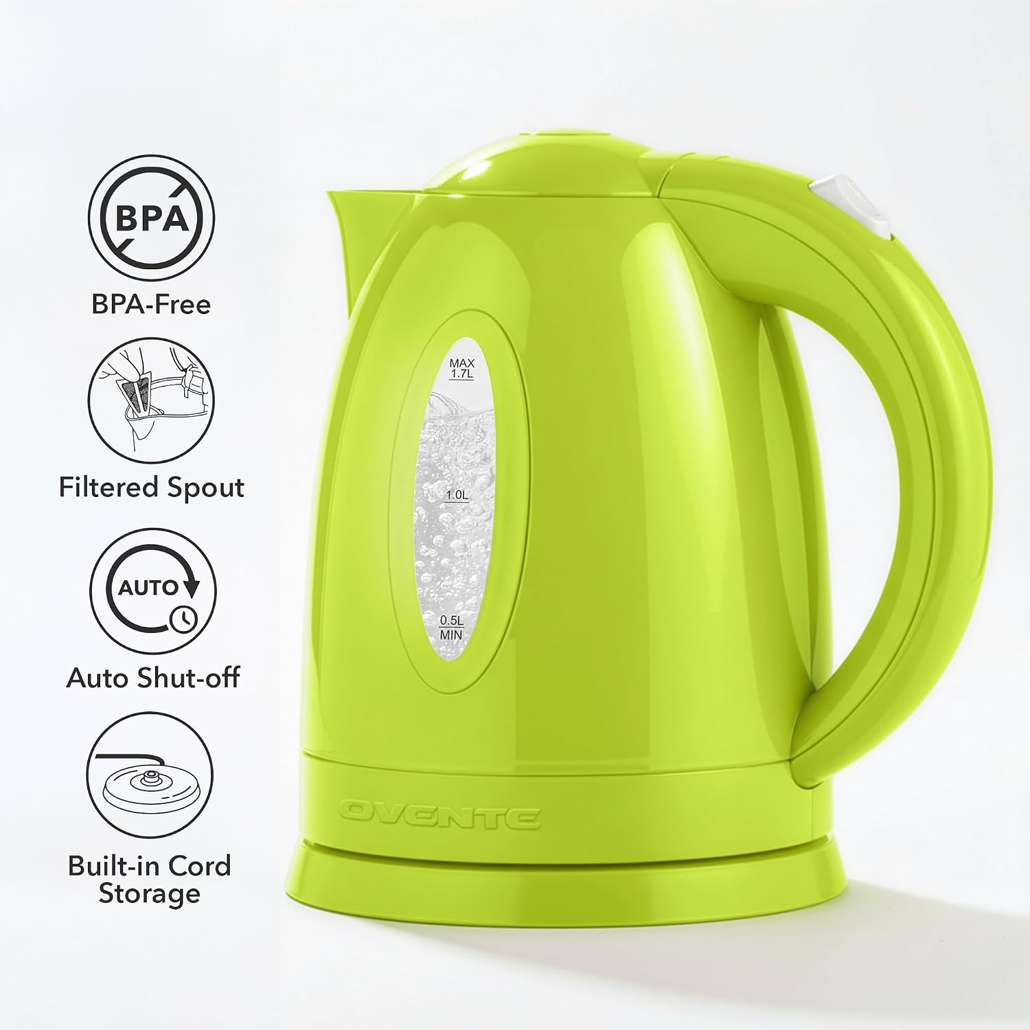 OVENTE 1.7L Electric Kettle with 1100W Fast Boiling Water, Green KP72G