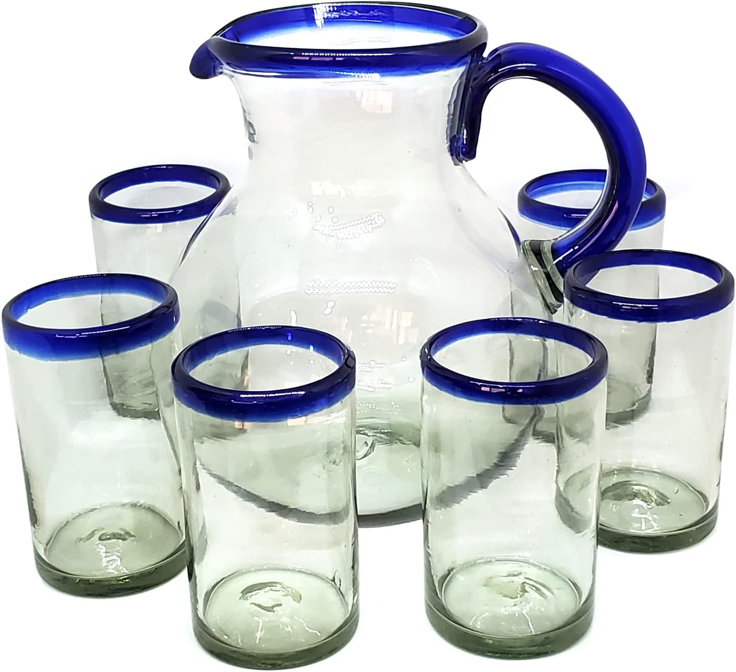 Cobalt Blue Rim 120 oz Pitcher and 6 Drinking Glasses set, Recycled Glass, Lead-free, Toxin-Free (Pitcher & Glasses)