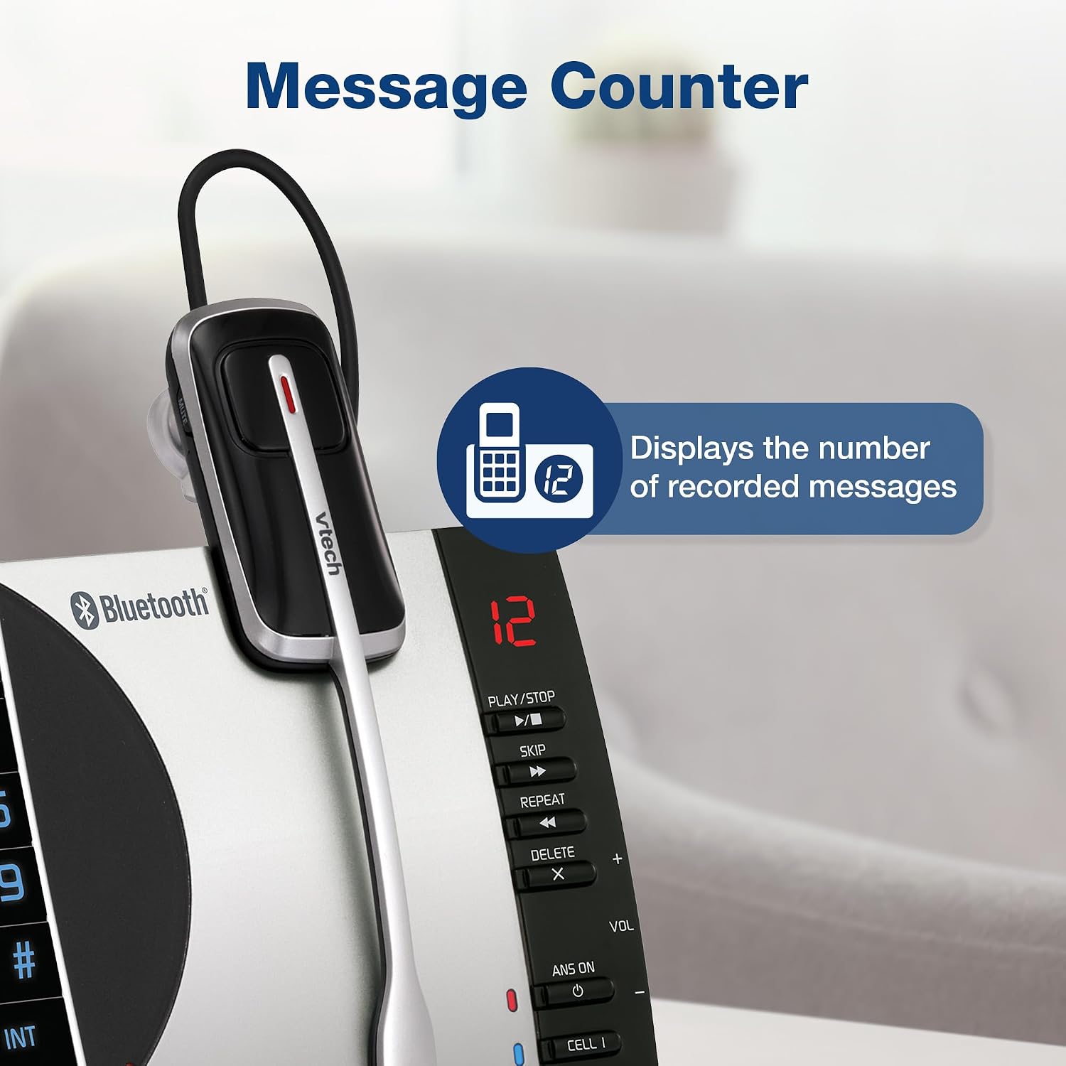 VTech DS6771-3 Connect to Cell, Cordless Phone with Answering Machine, DECT 6.0 Headset+2 Handset Intercom, Bluetooth, Caller ID/Call Waiting, Expandable System - Silver/Black