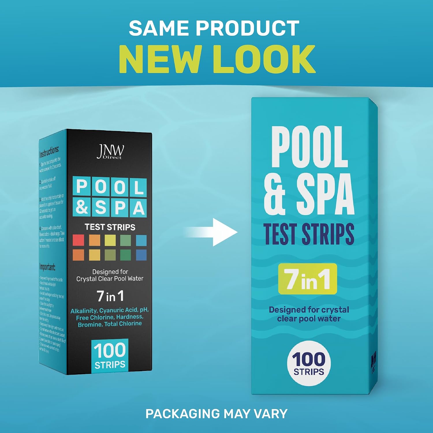 Pool Test Strips for Pools and Spas - 7 in 1 Water Test 100 Pack | Includes 100 pool test strips that measure chlorine, bromine, pH, alkalinity, hardness and cyanuric acid in 30 seconds.