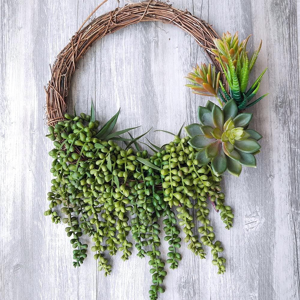 4 pcs Artificial Hanging Succulents Faux Burro's Tail Picks Trailing String of Pearls Succulent Fake Greenery Sprays 13.4" L for Basket Planter