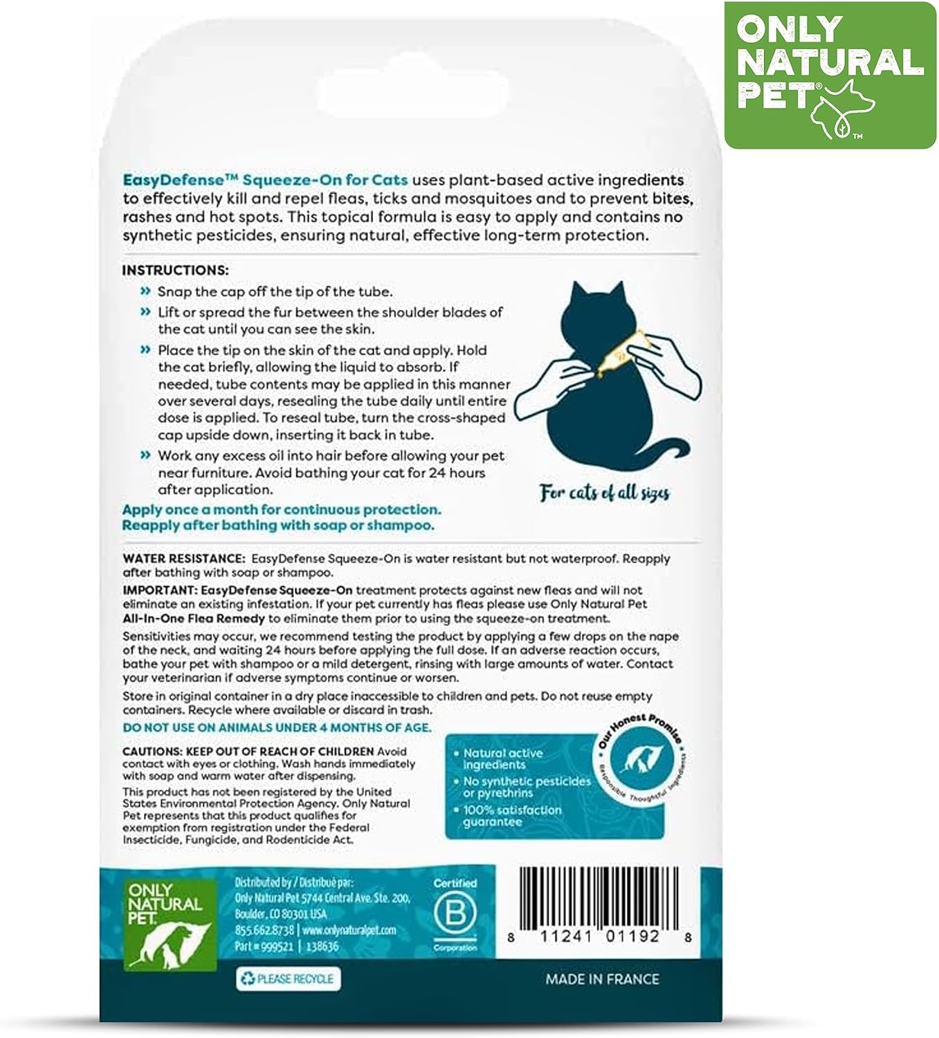 Only Natural Pet Flea and Tick Prevention for Cats - EasyDefense Flea Remedy - Natural Flea Care Control Squeeze-On Drops - Three Months Supply (1-Pack)