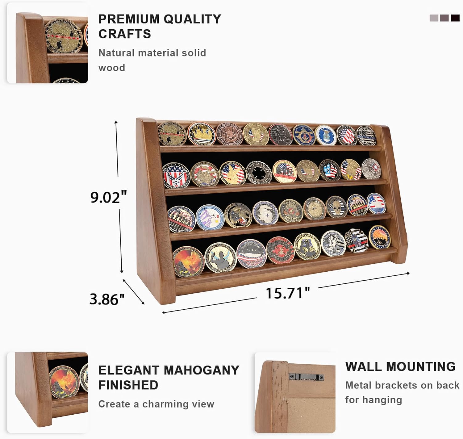 ASmileIndeep 3 Rows Wooden Challenge Coin Wall Display Stand - Military Coin Holder Army Coins Rack, Holds 21-24 Coins, Mahogany