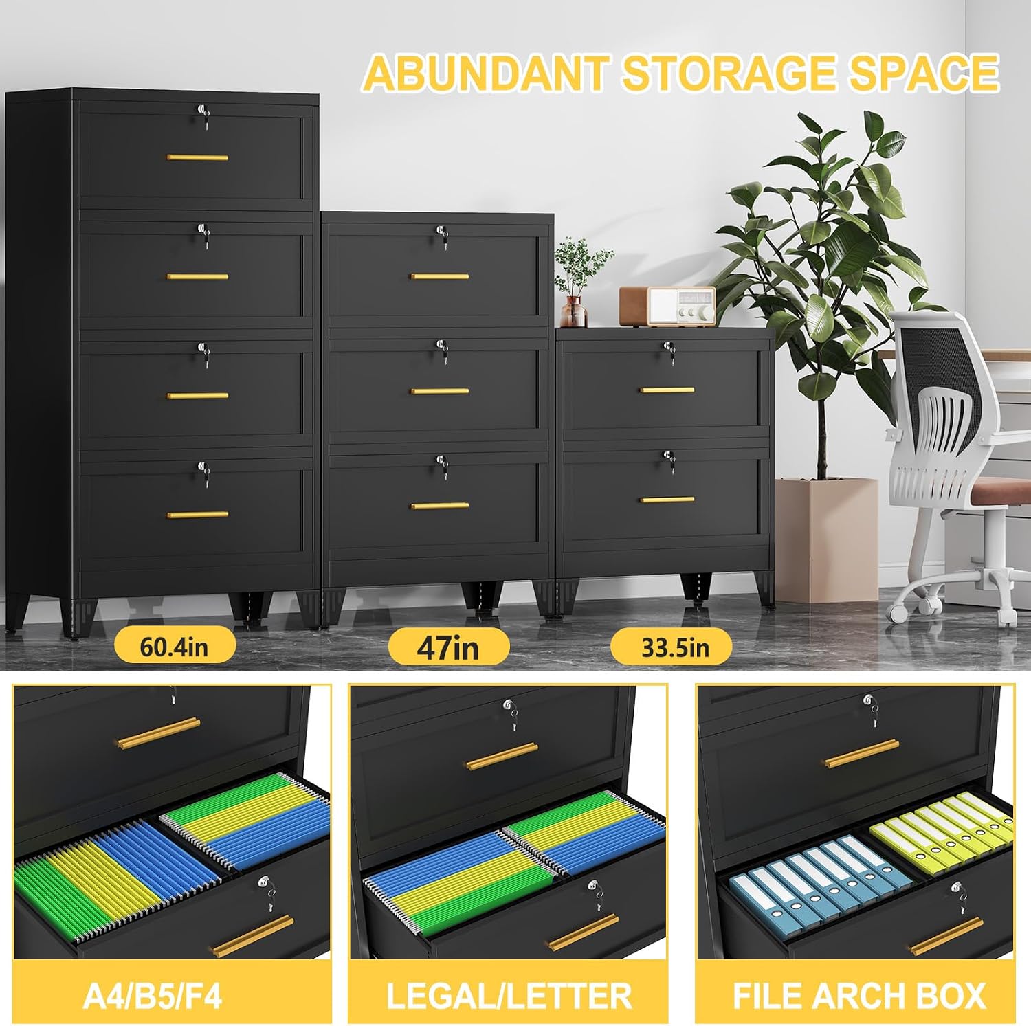 3 Drawer File Cabinet, Office Mobile Filing Cabinet, Printer Stand | All-in-One Office Storage, 3 Storage Drawers, 2 Adjustable Shelves, Lockable Cabinet, 4 Casters, 46.5-Inch Top