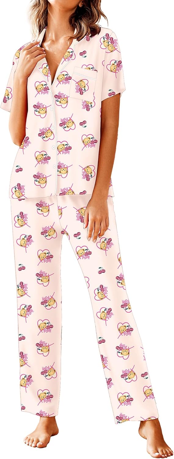 Avidlove Women Pajamas Set Notch Collar Soft Sleepwear Pjs Short Sleeve Button Down Nightwear with Long Pants