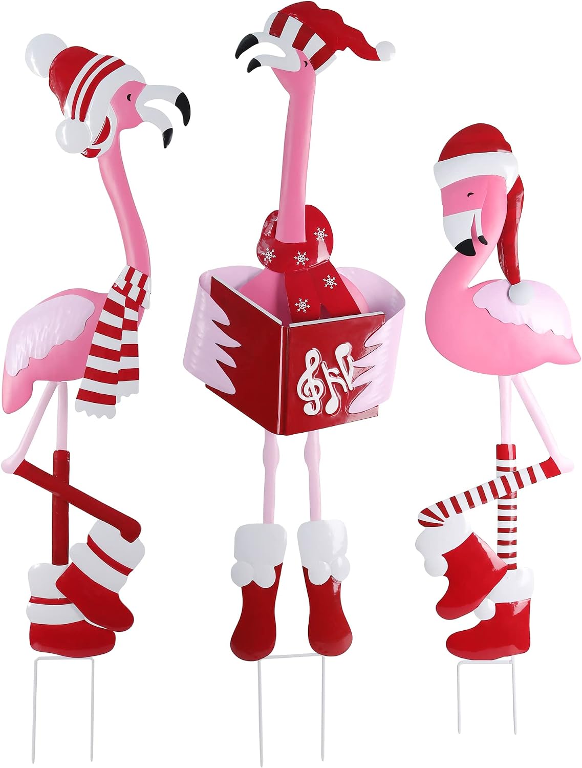 Haute Decor Outdoor Christmas Caroling Flamingos Trio Yard Decor - Sturdy Weatherproof Metal Construction, 3 Holiday Flamingos, Yard Stakes Included