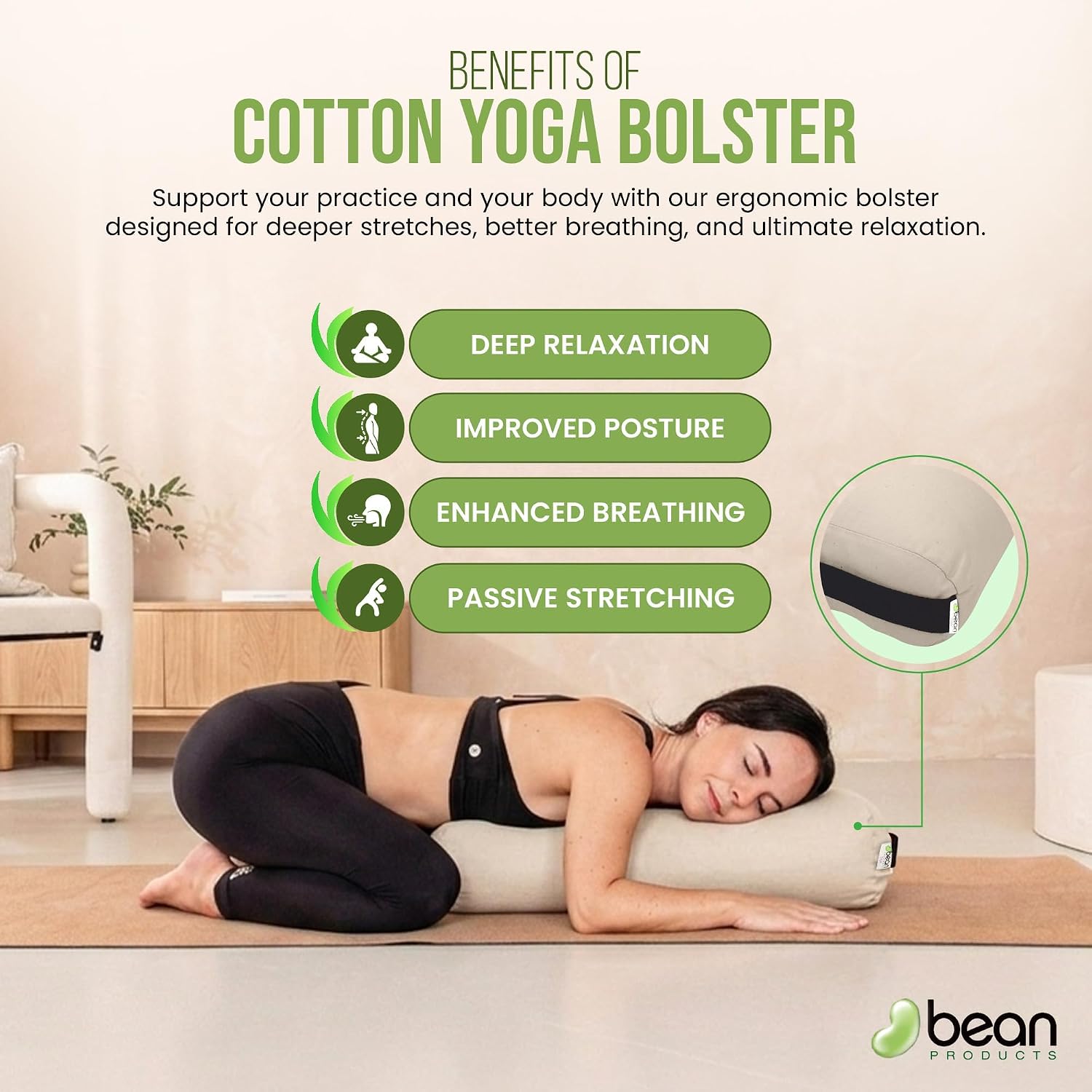 Bean Products Cotton Batting Yoga Bolster - Studio Grade Round or Rectangular Restorative Yoga Pillow for Pilates and Yin Practice - Soft Yet Firm Support with Cotton Cover - Made in The USA