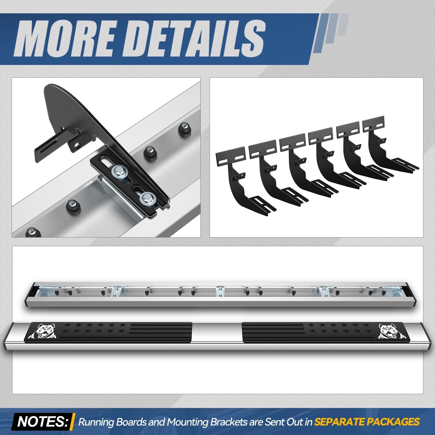 Auto Dynasty Running Board for 2009-2023 Ram 1500-3500 Classic Crew Cab 4DR | 6.75" Stainless Steel Bull Dog Pattern Step Pads