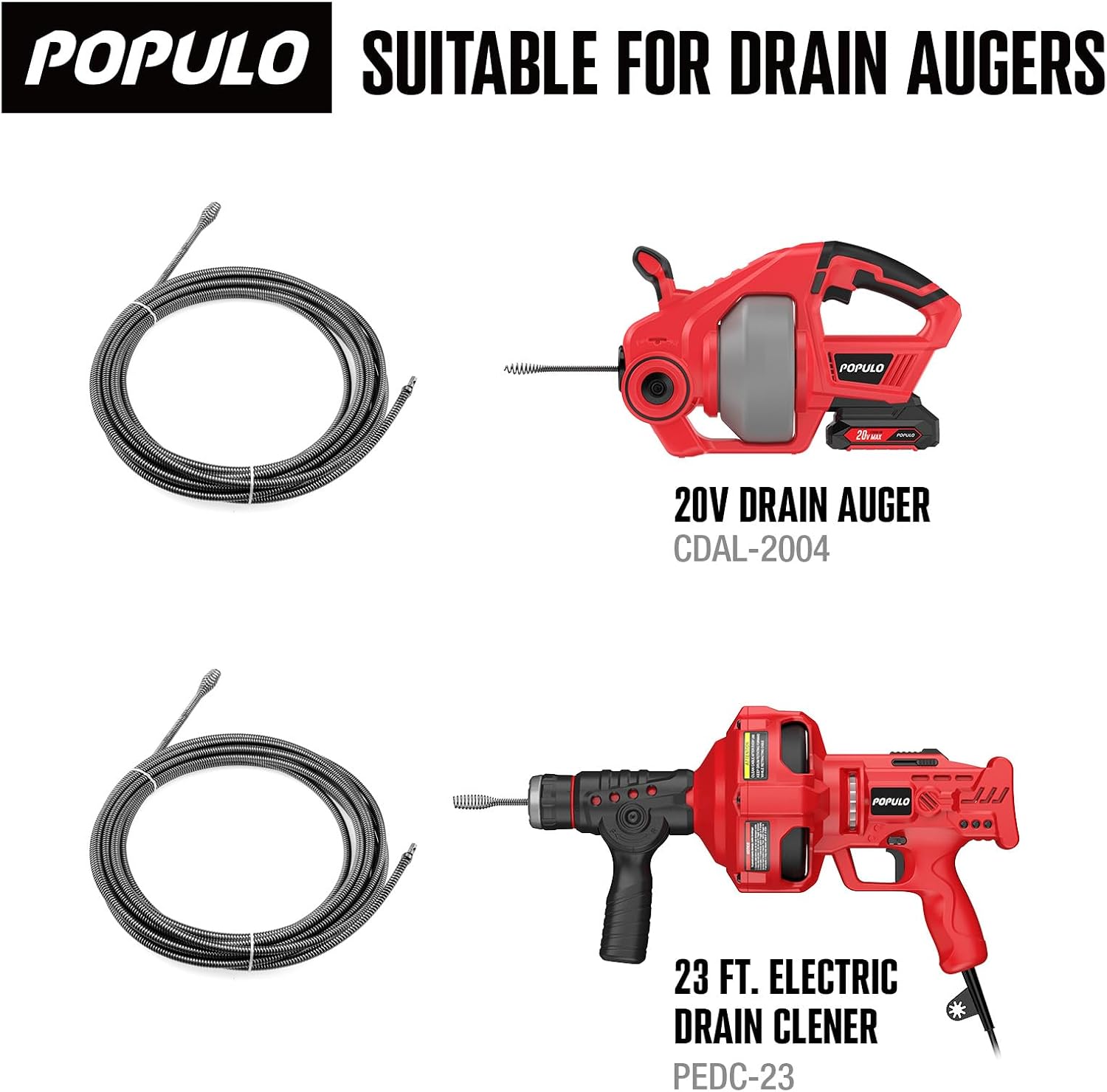 POPULO 25FT Replaceable Cable, Compatible with POPULO Electric Drain Auger(CADL-2004, PEDC-23), Supports Manual Operation.