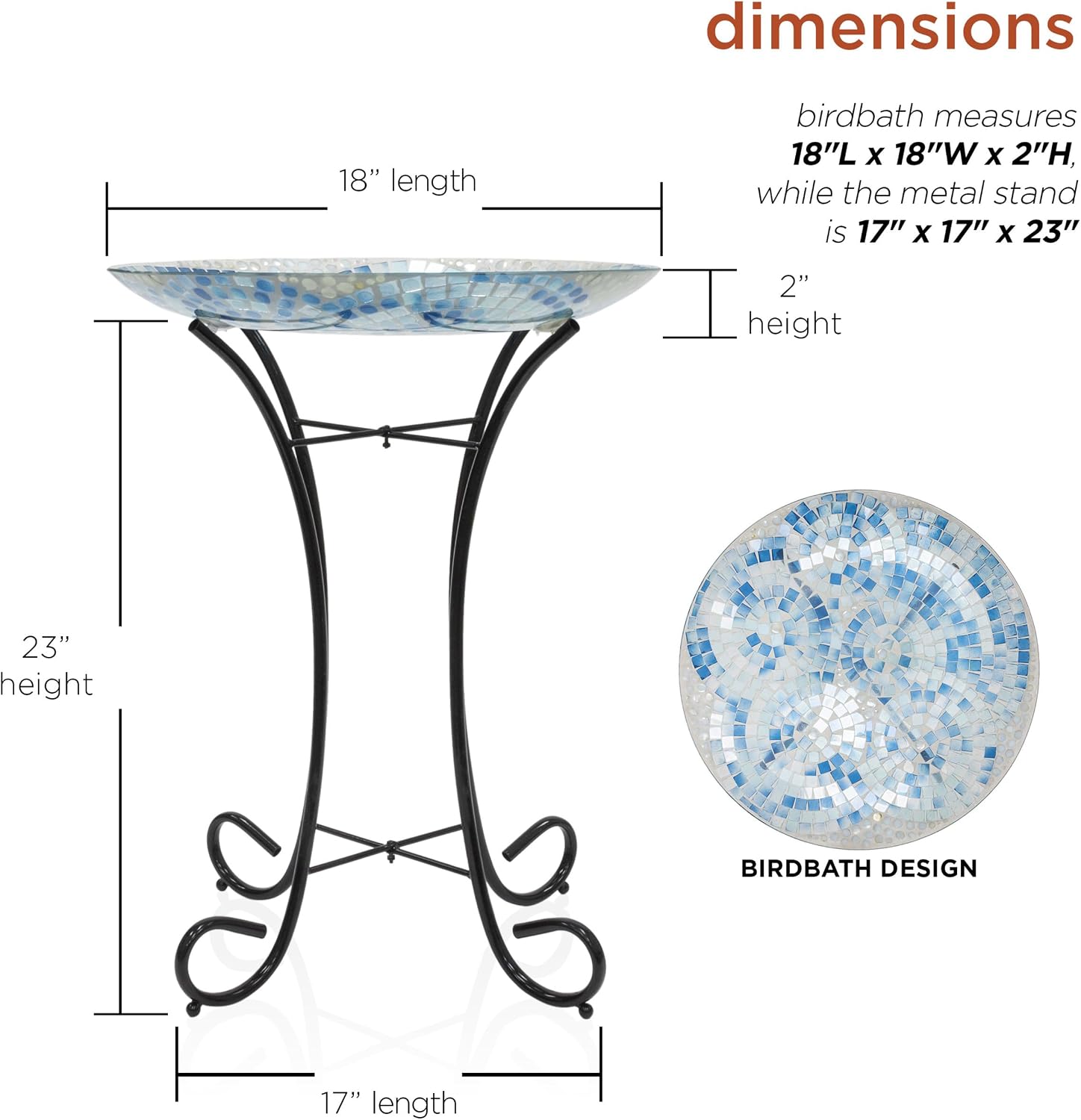 Alpine Corporation 24" Tall Outdoor Floral Mosaic Glass Birdbath with Metal Stand and Detachable 18 Inch Diameter Bowl, Garden Decor