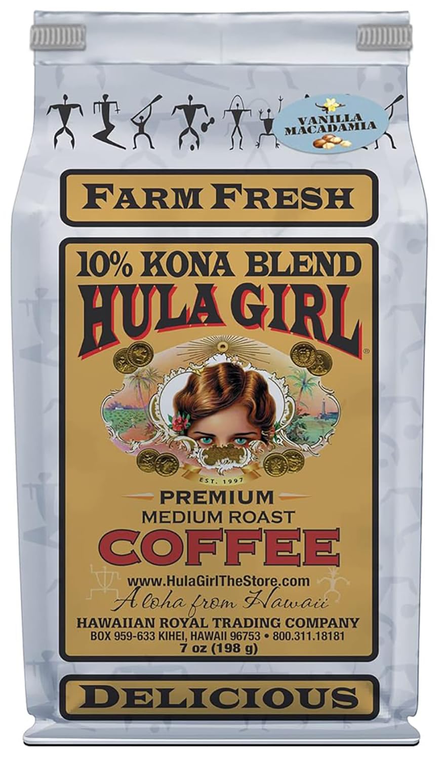 Hula Girl 10% Kona Ground Coffee, Grown in Hawaii, Hand Picked, Sun Dried, Fresh Roasted and Packed in Hawaii for 30 years, 7 Ounce