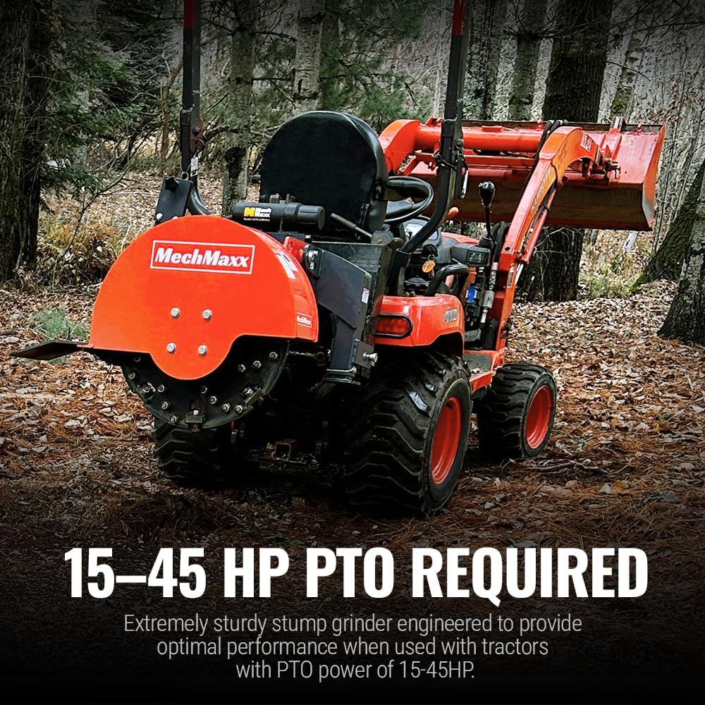 MechMaxx Heavy Duty 3-Point PTO Powered Stump Root Grinder For 15-45HP Tractors With 34 Carbide Teeth, 6'' Cutting Depth, 24'' Flywheel Diameter, Model SG24 Orange