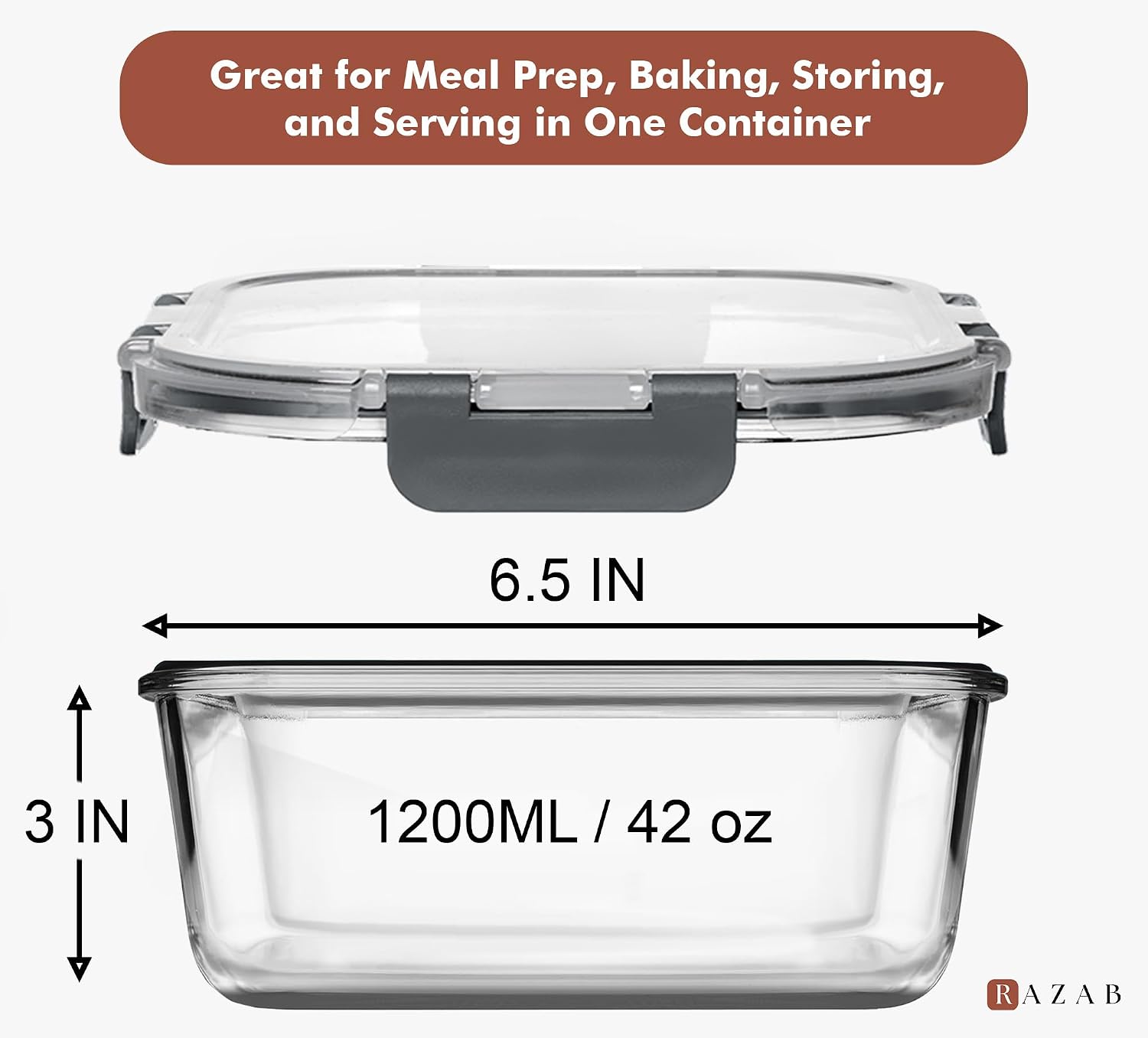 Razab 2 PC 1200ML / 41 Oz Glass Food Storage Containers with Lids - Airtight & Leakproof - Microwave/Oven/Freezer Safe - BPA Free - Ideal for Meal