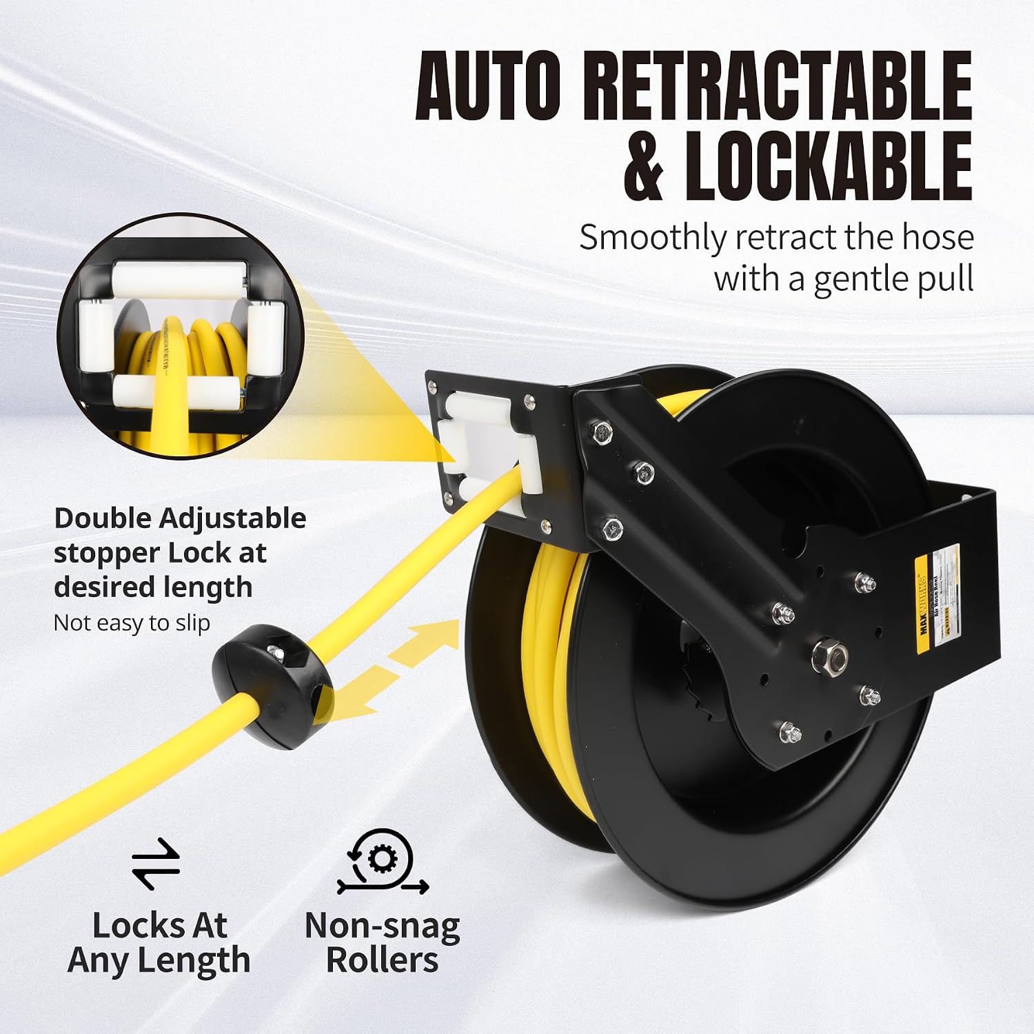 MaxWorks 50 Foot Auto Rewind Retractable Air Hose Reel with 3/8" Rubber Hose 250 PSI Heavy Duty Steel Spring Multi Position Ratchet and Solid Brass Fittings for Garage and Workshop (80720)