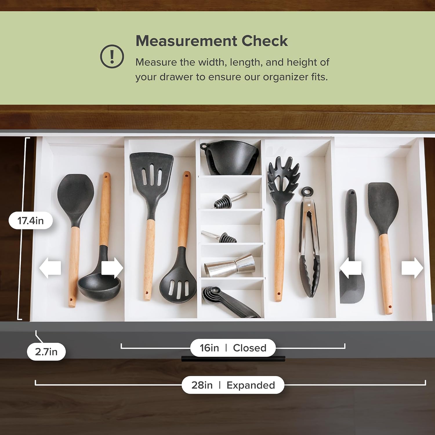 Utensil & Junk Drawer Organizer, 16-28 in, Bamboo | Food-safe contract grade, 100% sustainable wood, non-slip, adjustable