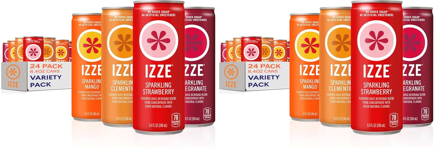 IZZE Sparkling Water Juice Beverage Blend, Pineapple, No Sugar Added, 8.4 FL OZ, 24 Cans