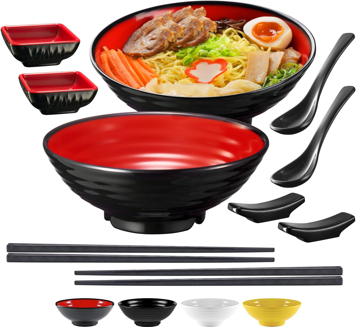 Unbreakable Ramen Bowl Set with Chopsticks and Spoon: 2 large Japanese Style Melamine Ramen Bowls