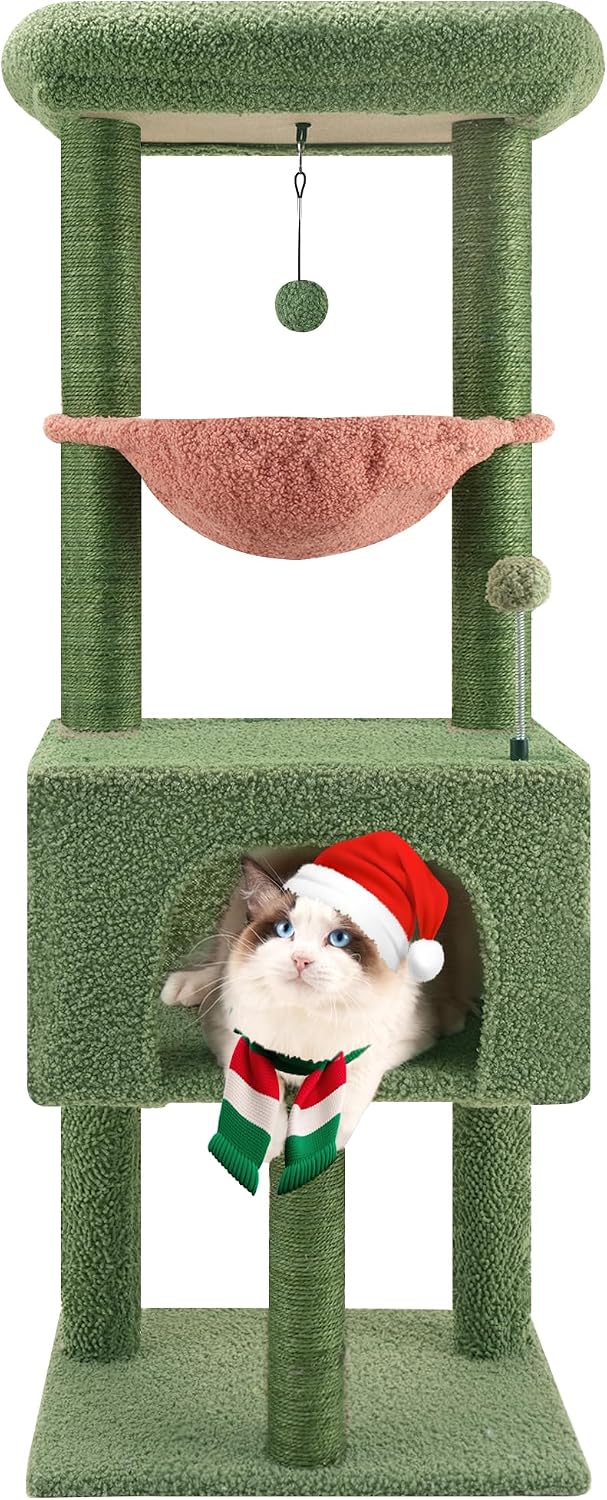 32" Cat Tree for Indoor Cats, 2-in-1 Cat House with Sisal Scratching Post & Ramp, 2-Level Cat Tower with Rotatable Feather & Ball Toys, Stable Grey Cat Condo for Small/Medium Cats, Grey