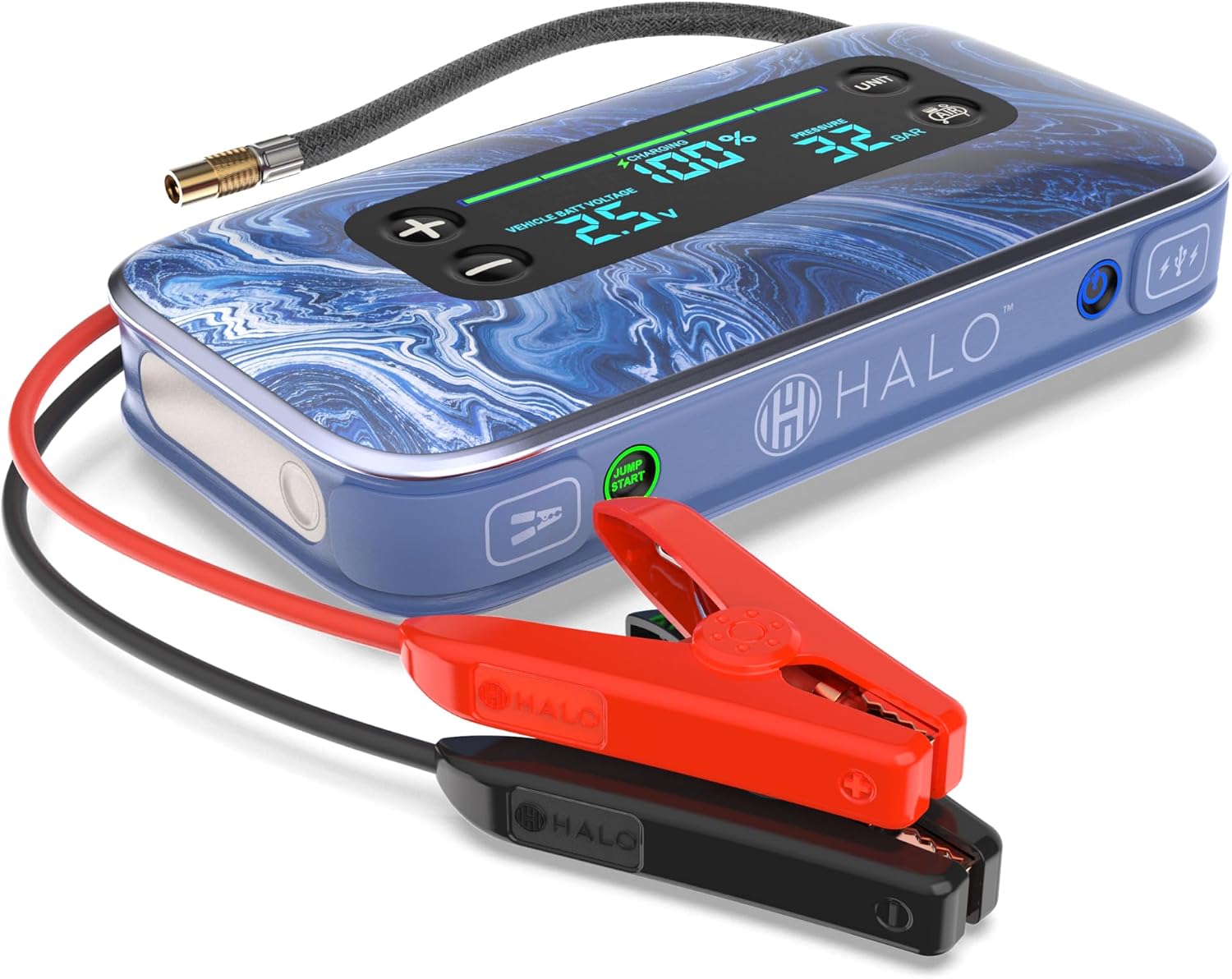 HALO BOLT AIR+ 1750A Jump Starter, AIR Compressor, Power Bank, Blue | 130 PSI air compressor, 59.9Wh power bank, large display, LED light. Jumps cars, SUVs & trucks