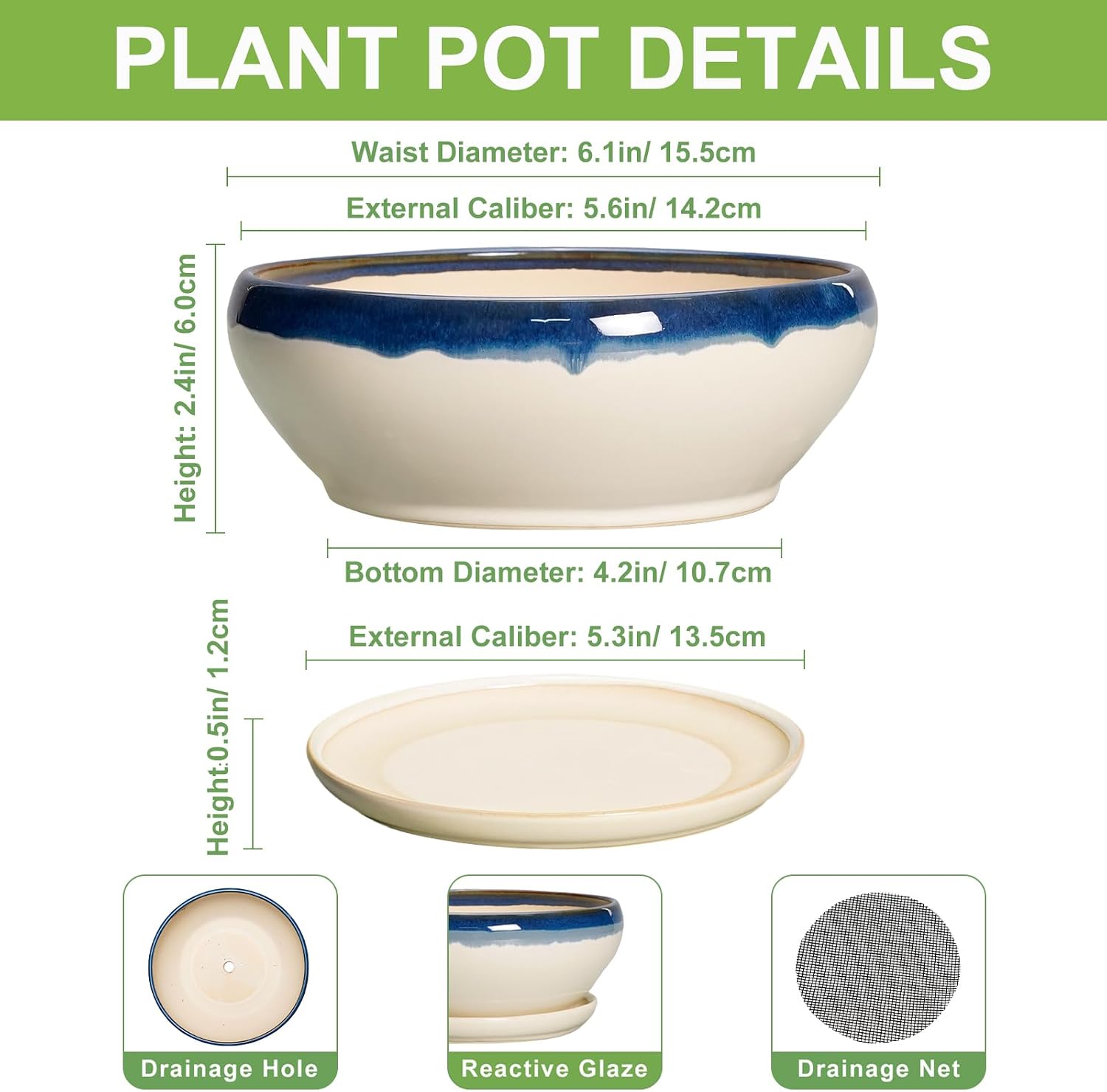 SQOWL 7 Inch Round Ceramic Succulent Planter Pot Drip Glazed Shallow Planter with Drainage Bamboo Tray for Indoor Plants