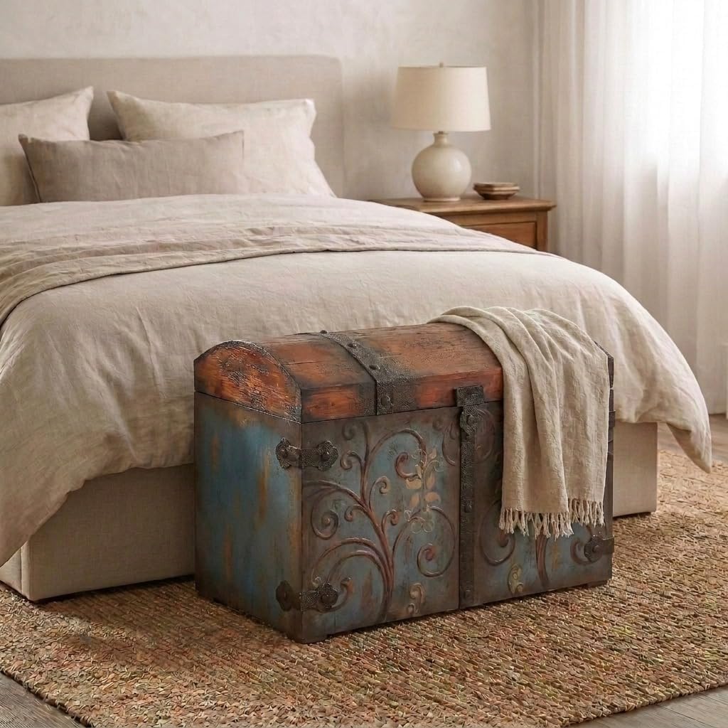 Household Essentials Vintage Wood Storage Trunk, Large, Blue Body/Brown Lid/Floral Design