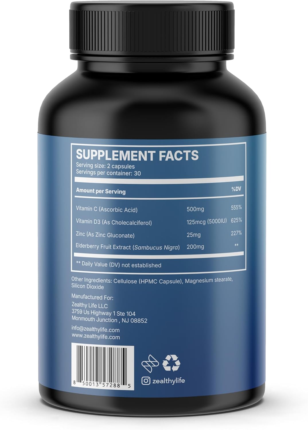 Immune Support Capsules for Adults with Elderberry, Vitamin C, Vitamin D3 & Zinc – Daily Immune Defense Supplement | Zealthy Life | 60 Capsules