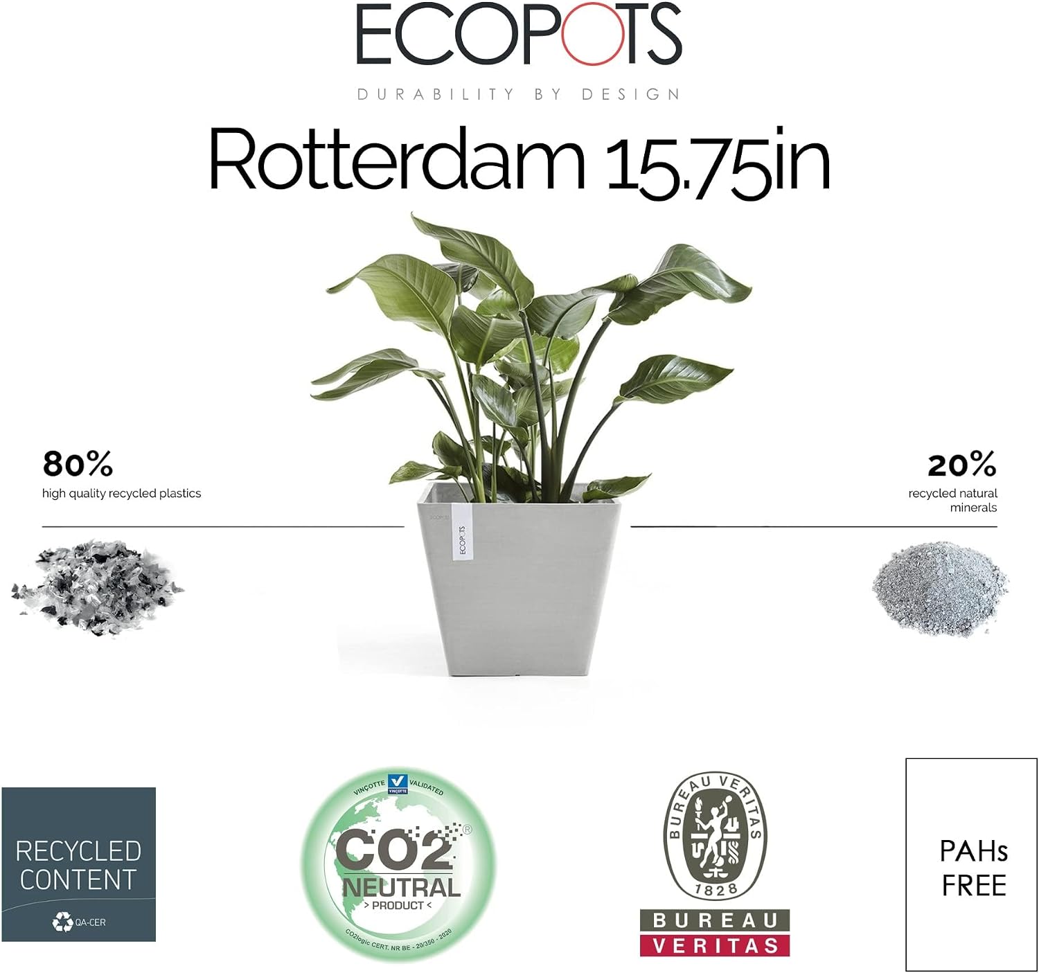 Ecopots Rotterdam Square Flower Planter, White Grey, 8" | Modern Style, Durable Recycled-Based Composite Construction, Weather and UV-Resistant, for Indoor/Outdoor Use