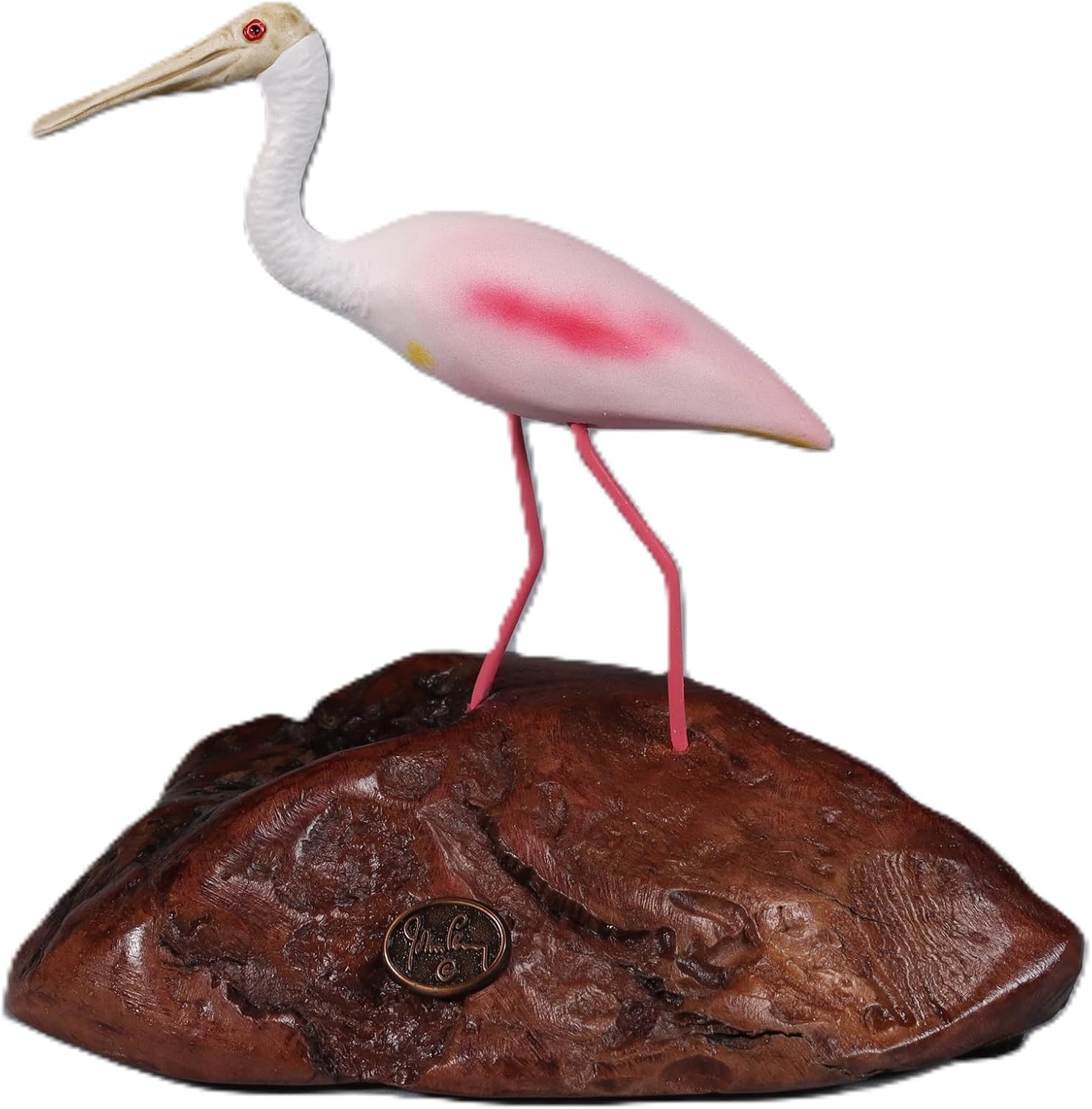 Spoonbill by John Perry 8in Long Sculpture on Polished burlwood Base. Signed.