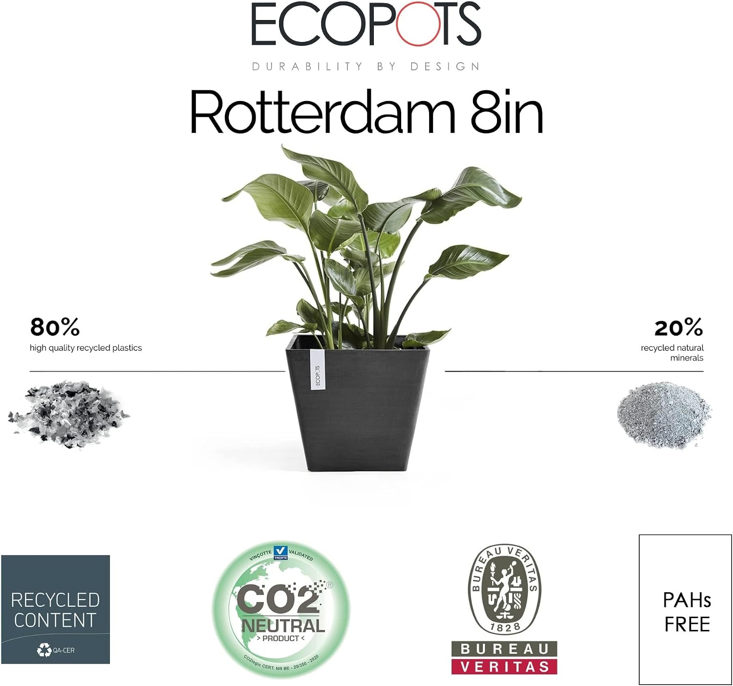 Ecopots Rotterdam Square Flower Planter, White Grey, 8" | Modern Style, Durable Recycled-Based Composite Construction, Weather and UV-Resistant, for Indoor/Outdoor Use