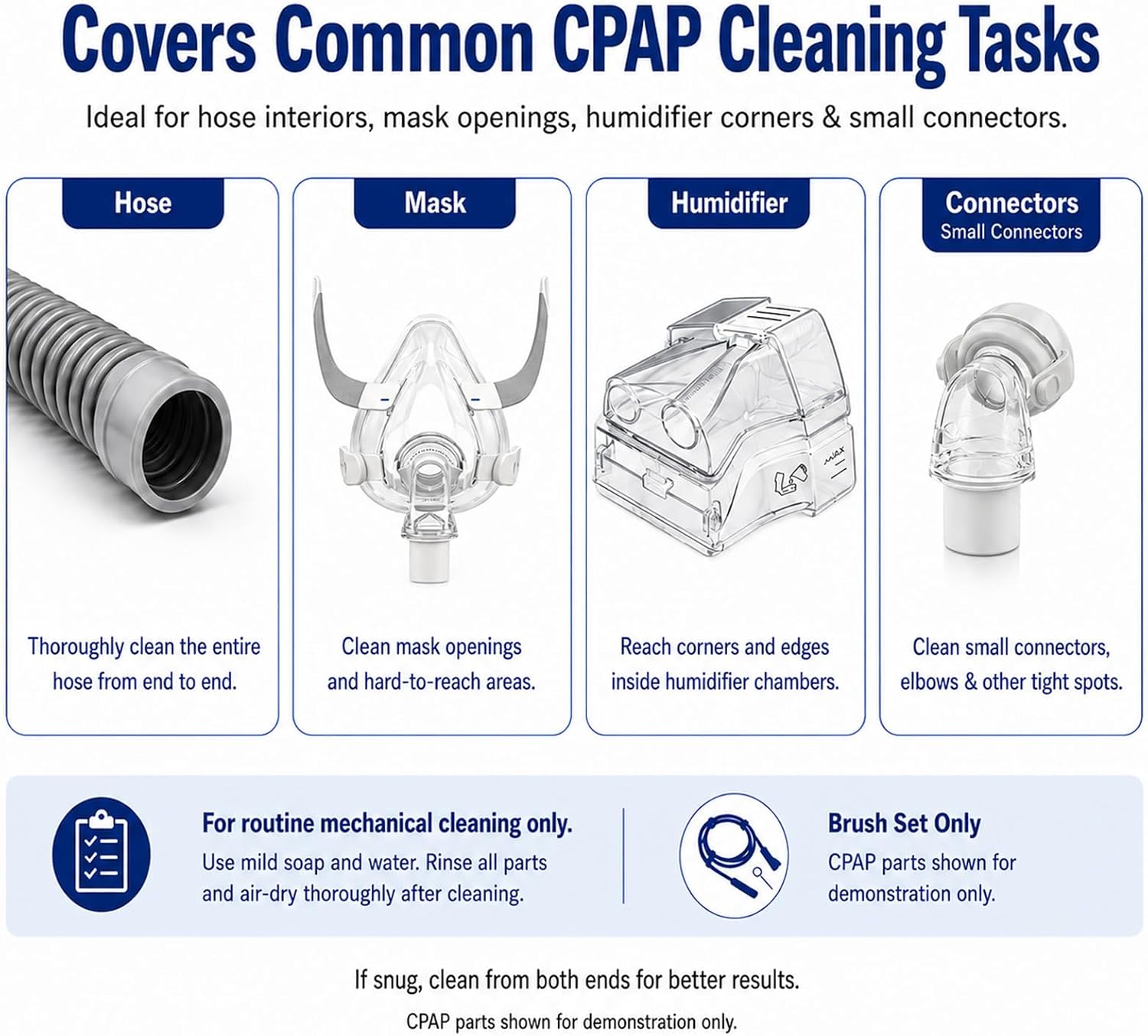 CPAP Cleaning Brush Set, 78.7 in Dual-Ended CPAP Hose Brush for 22 mm & 15 mm Tubing, Tube Cleaning Brush & Hose Cleaner Brush with Detail Brush for Mask