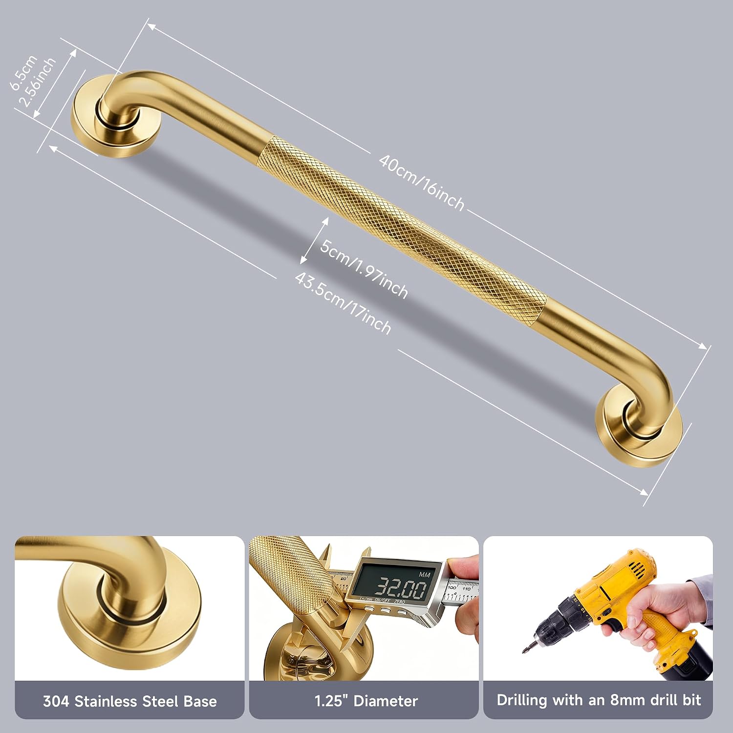 12 Inch Shower Grab Bar 1.25" Dia,Brushed Nickel Anti Slip Bathroom Grab Bar, 304 Stainless Steel Knurled Handicap Grab Bars, Safety Support Handrail,Bath Shower Handle for Elderly Injury Senior